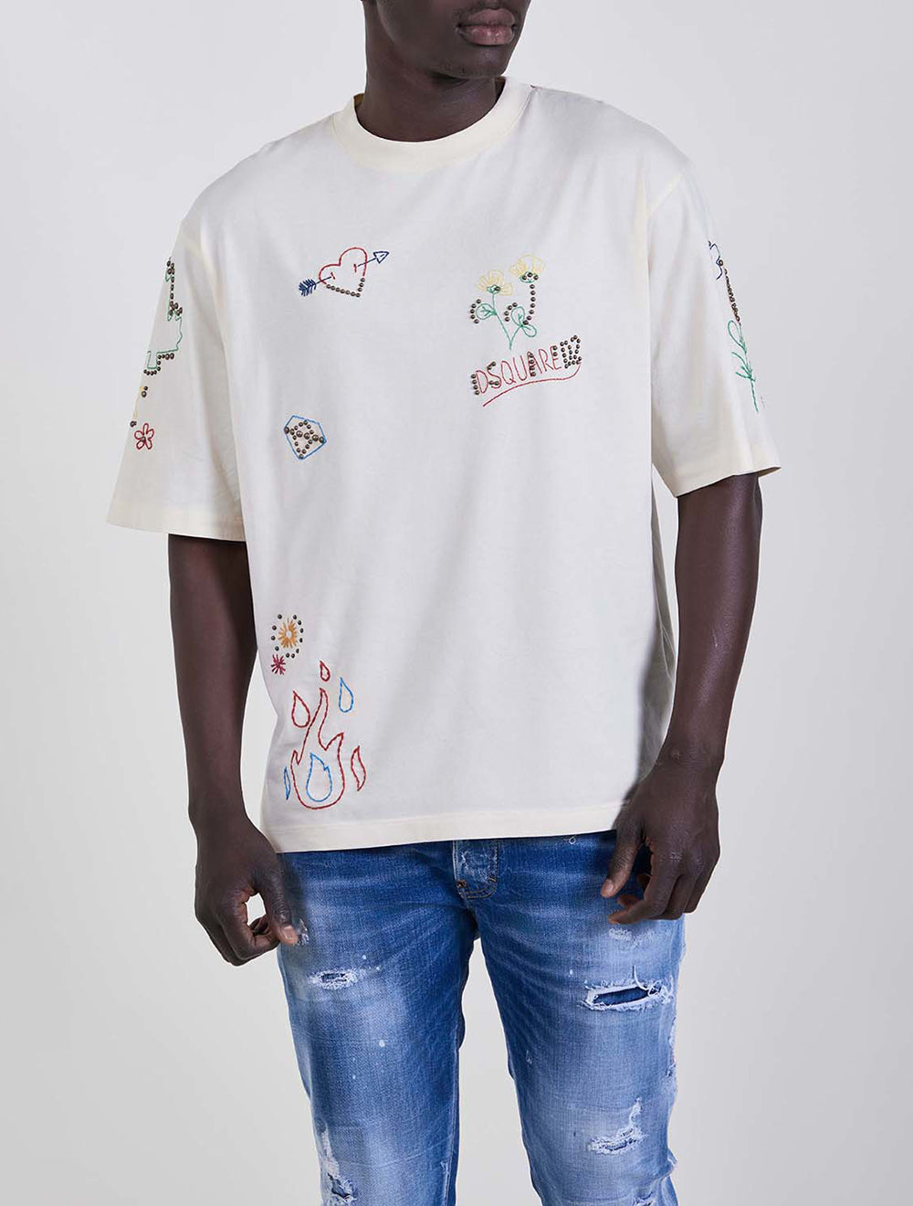 טי שירט Over Size כותנה עם Appliqués
