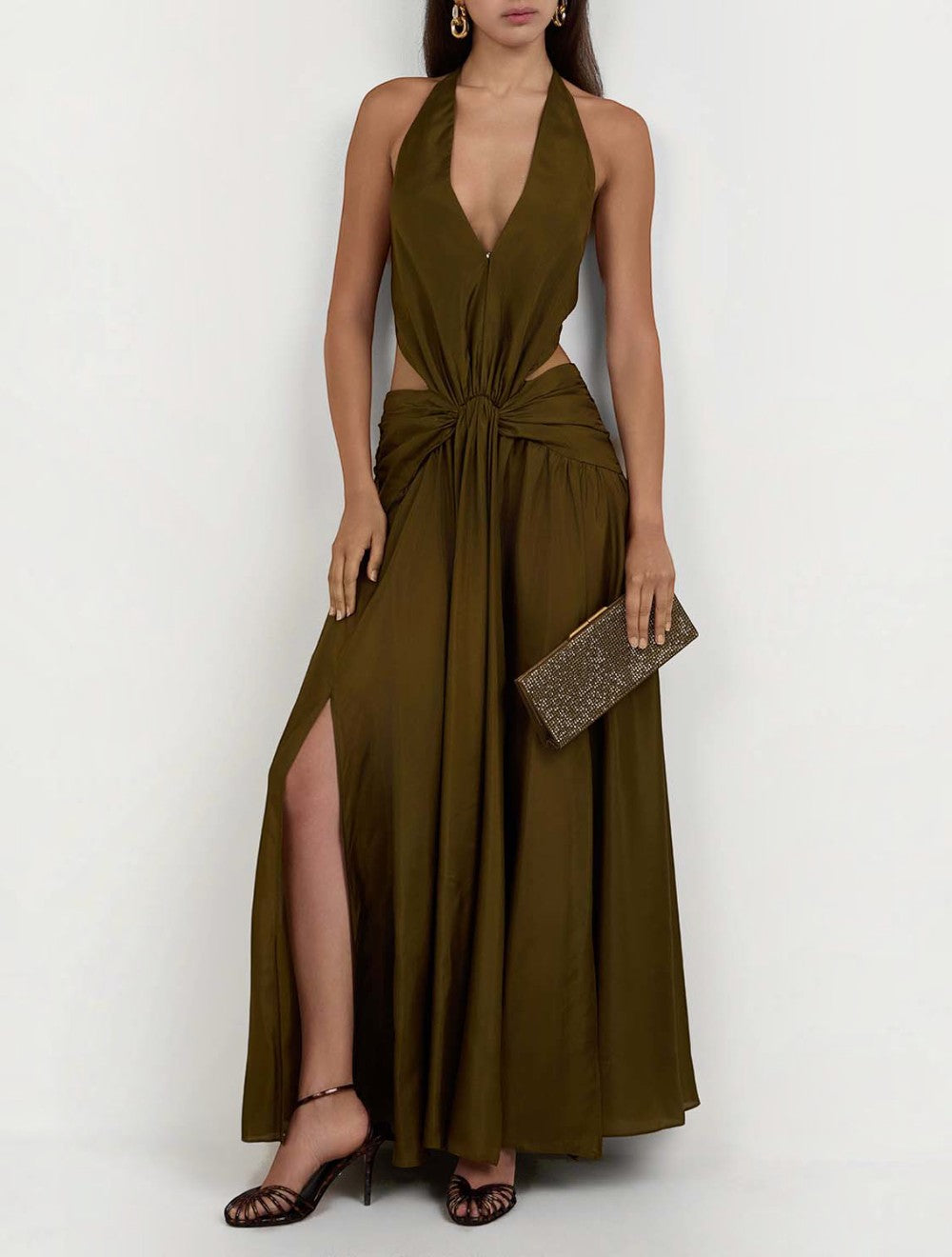 שמלת מקסי Indra Plunge Halter משי