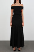 תמונת דוגמן אחורית של שמלת מקסי מרקה שחורה סטרפלס