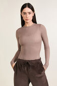 תמונת דוגמן קידמית של Wundermost Ribbed Wool Crewneck Long-Sleeve Bodysuit