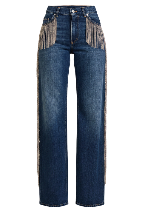 מכנסי ג'ינס רחבים עם פרנזים מטאלים