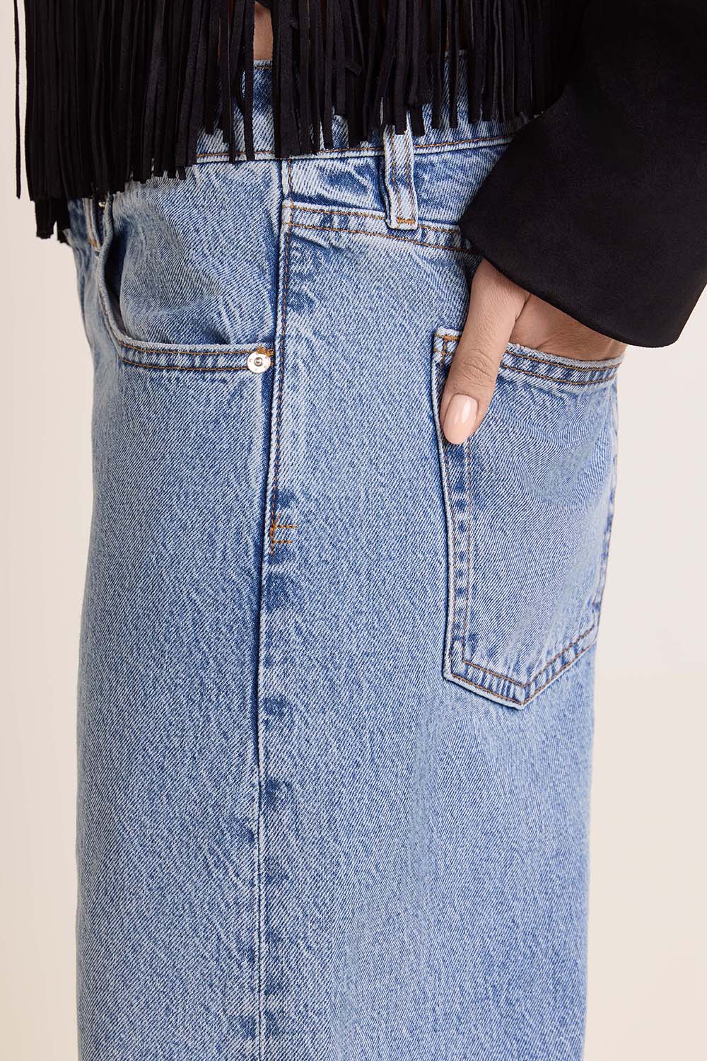 תמונת תקריב דוגמן של מכנסי ג'ינס בגזרת בלון