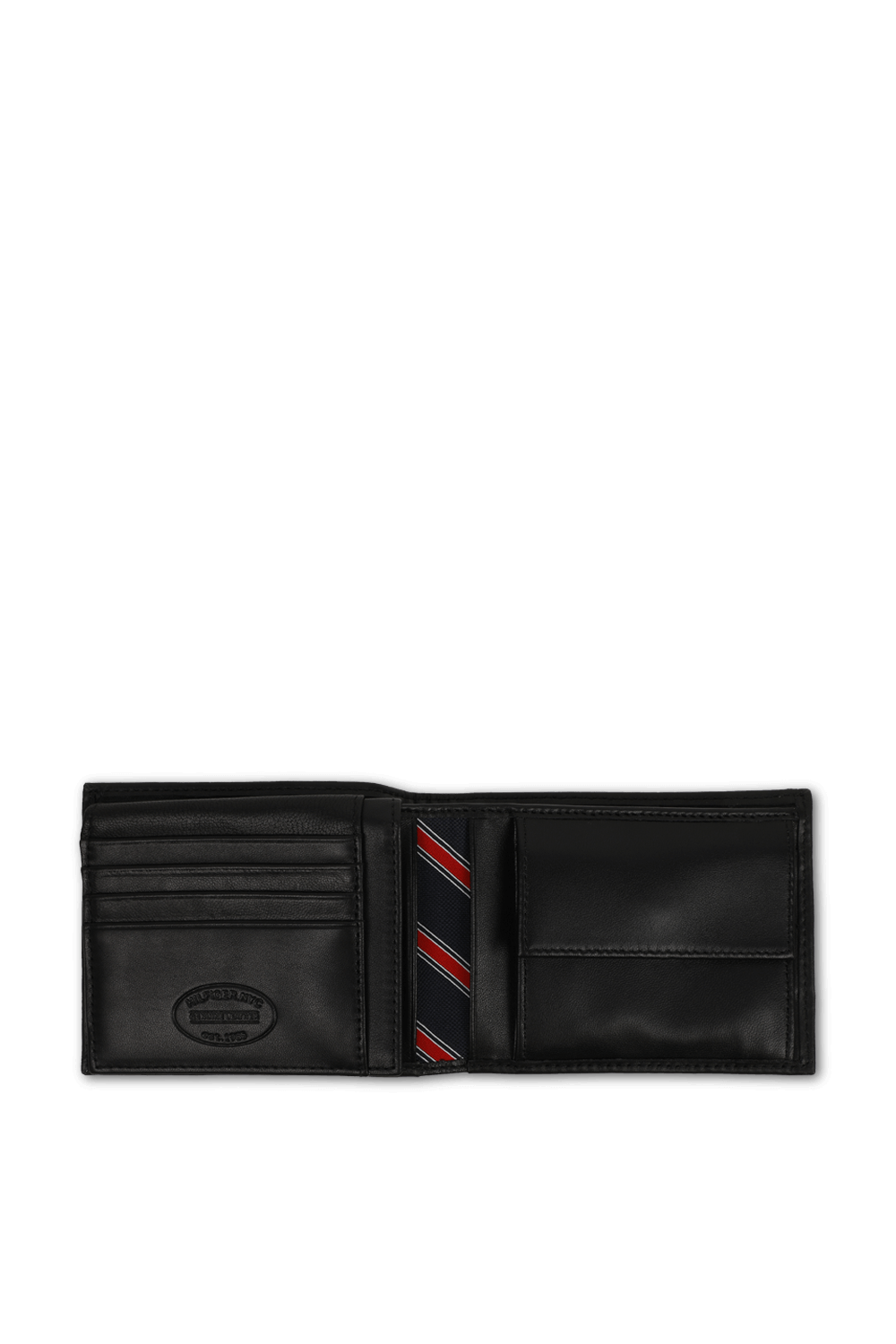 תמונת פנים של ארנק מעור שחור עם לוגו מוטבע