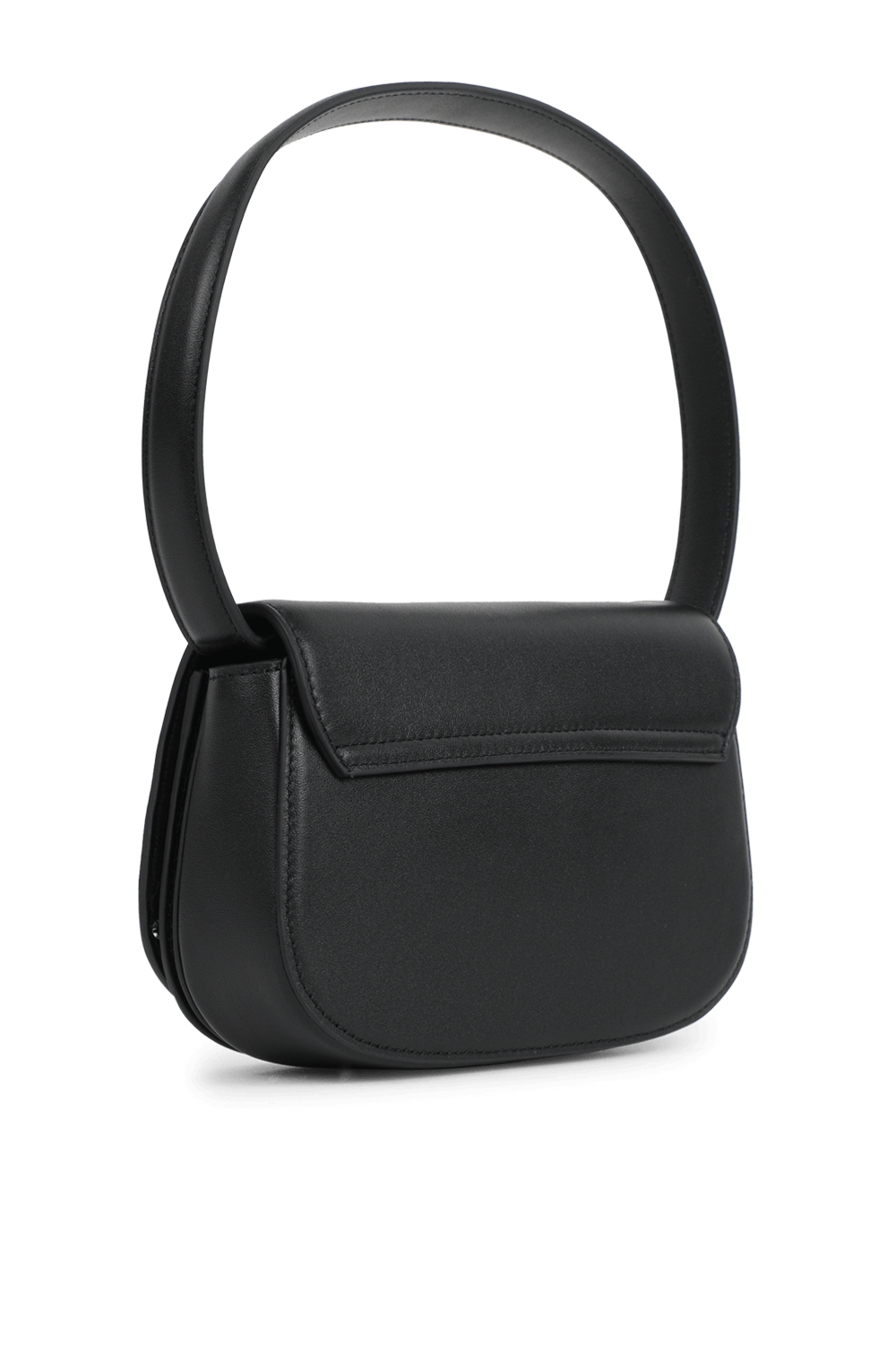 תמונה אחורית של תיק כתף מעור שחור עם אלמנט לוגו מטאלי בחזית