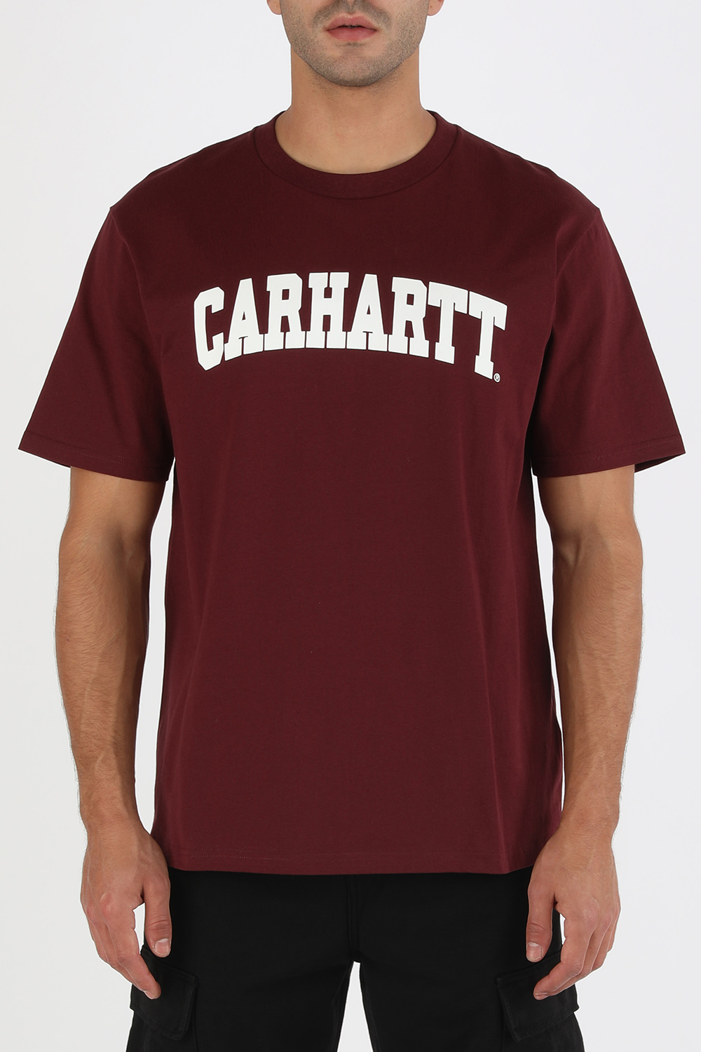 תמונת דוגמן קידמית של חולצת טי עם לוגו בצבע בורדו