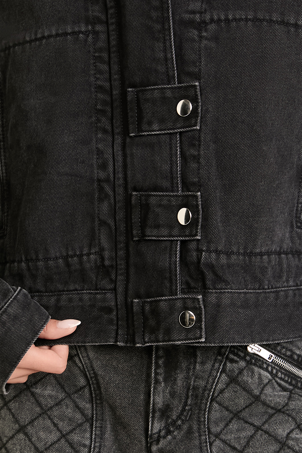 תמונת תקריב דוגמן של ז'קט ג'ינס