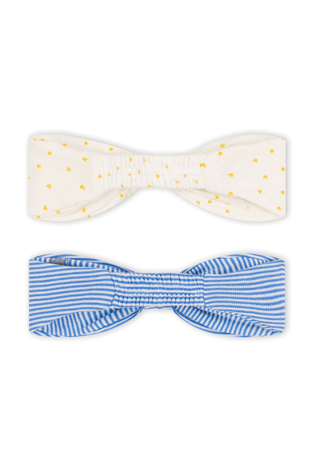 תמונה אחורית של מארז שני פפיונים לשיער בגווני לבן כחול וצהוב