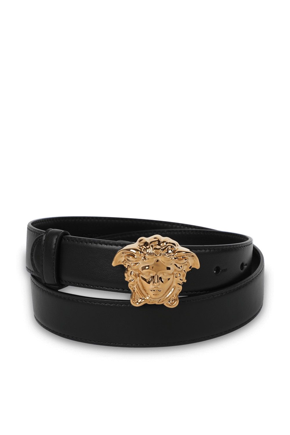 תמונה קידמית של חגורת עור שחורה עם ראש מדוזה מוזהב