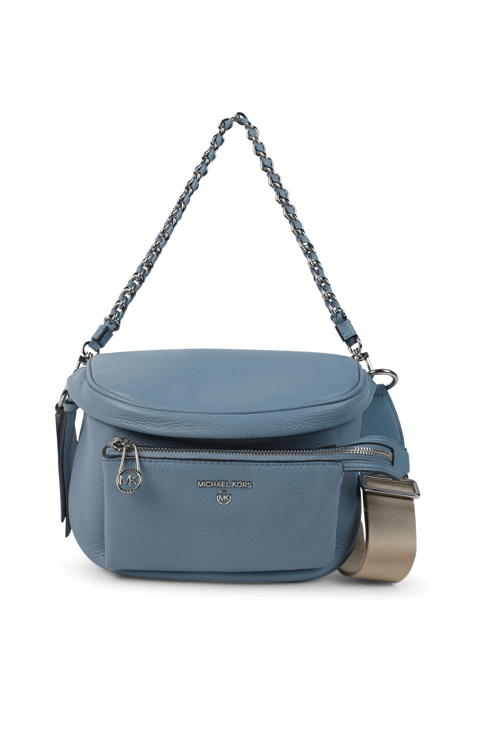 תמונה קידמית של תיק קרוס מעור מגורען עם שרשרת מתכת