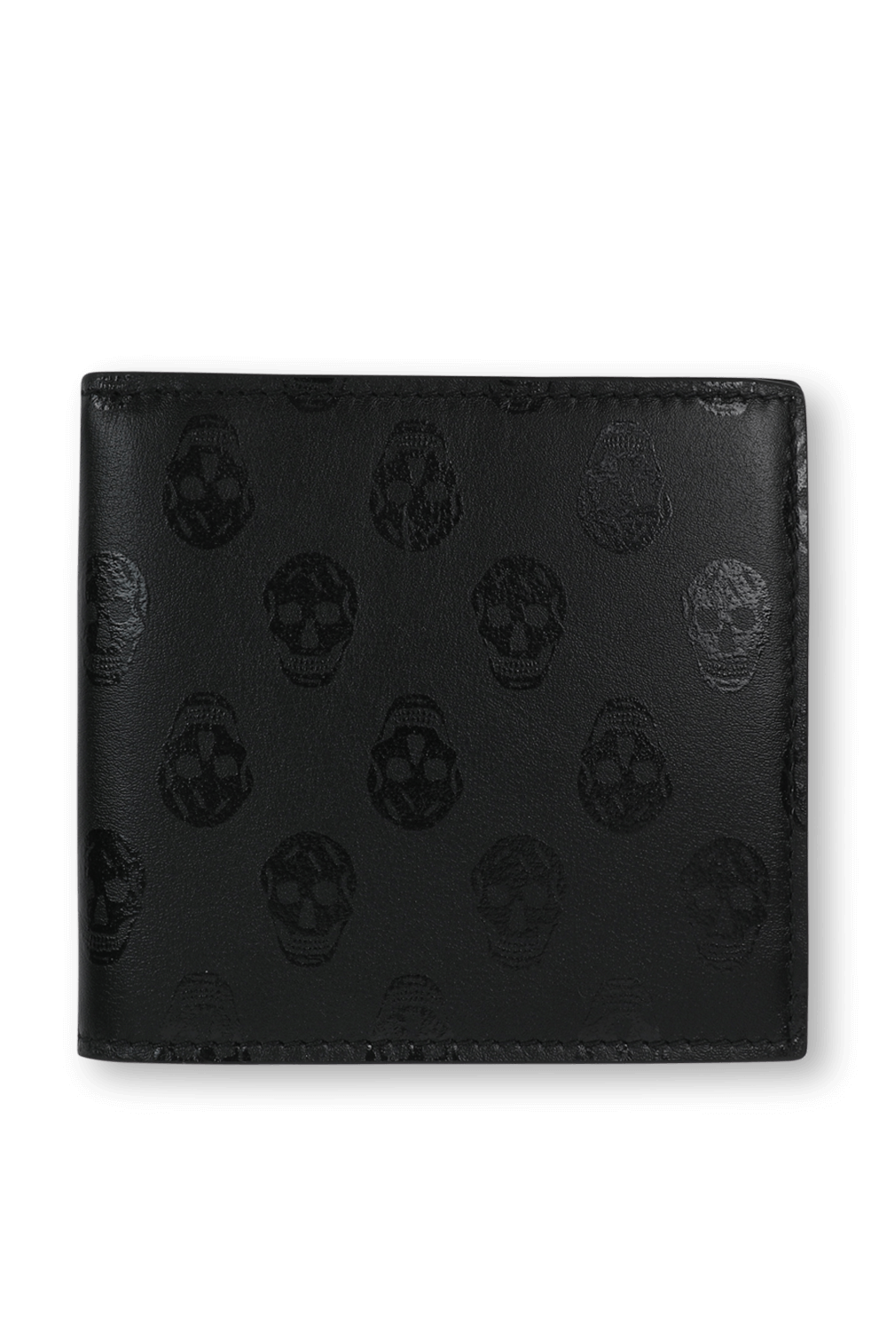 תמונה קידמית של ארנק עור שחור עם פרינט גולגולות