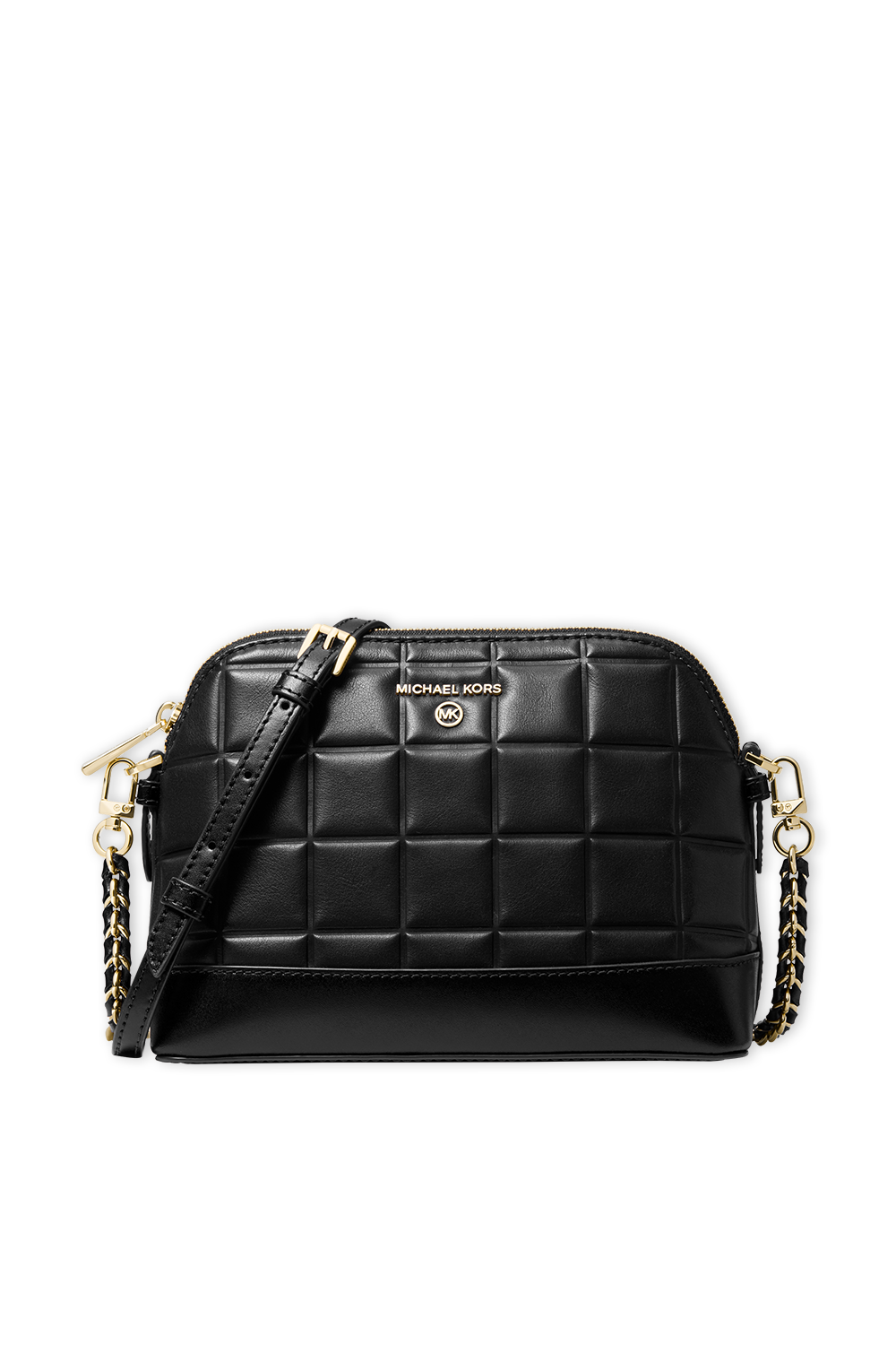 תמונה קידמית של תיק קרוס מעור מרופד עם תפרי קווילט בצבע שחור