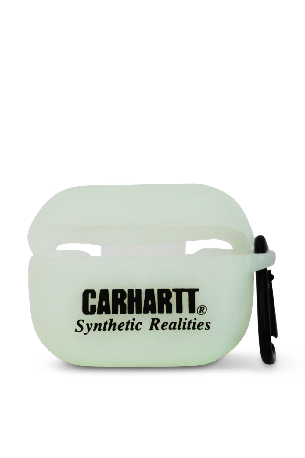 תמונת תקריב של כיסוי איירפודס לבן עם לוגו שחור