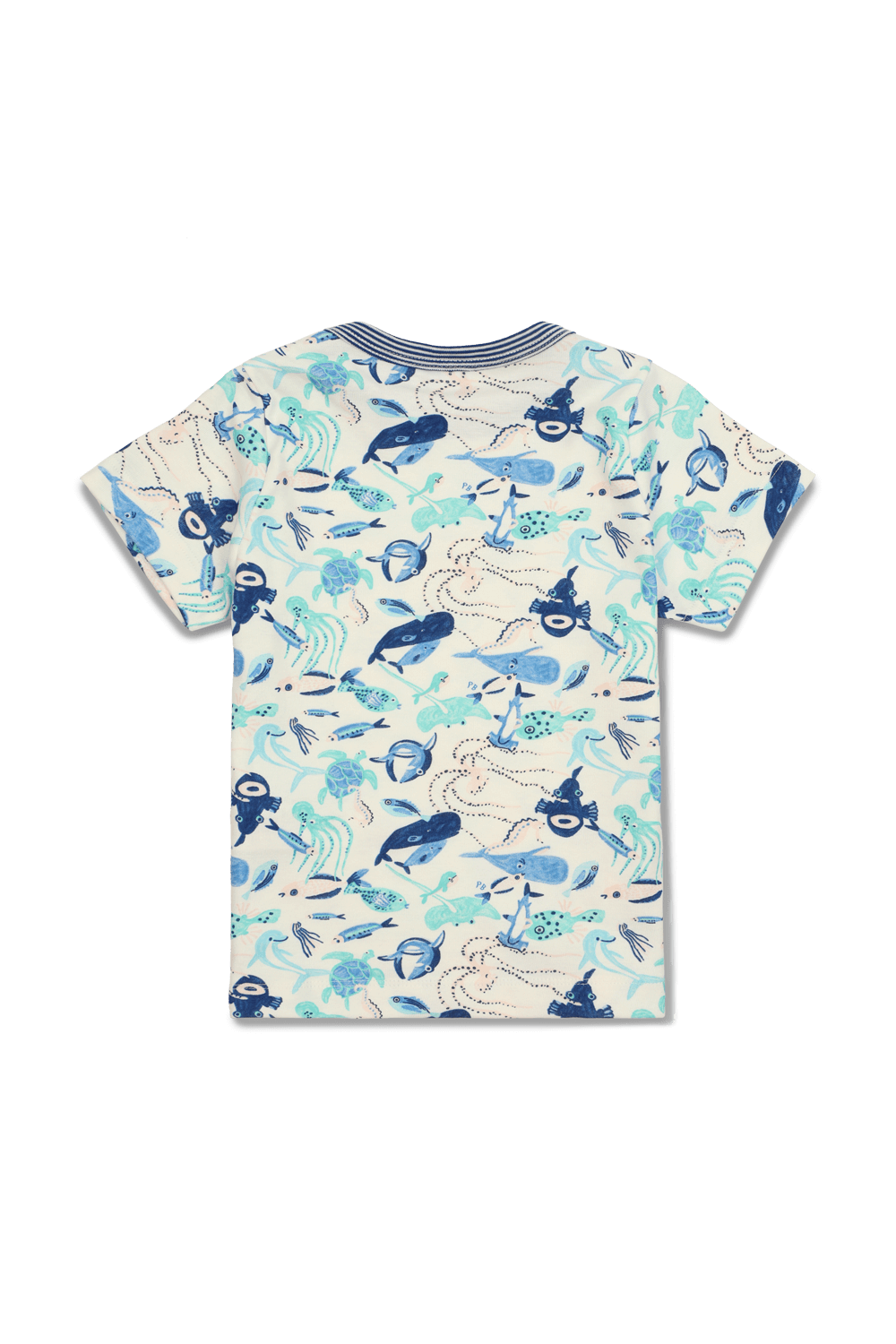 תמונת תקריב של גילאי 2-5 סט פיג'מה קצר בכחול עם הדפס של חיות הים