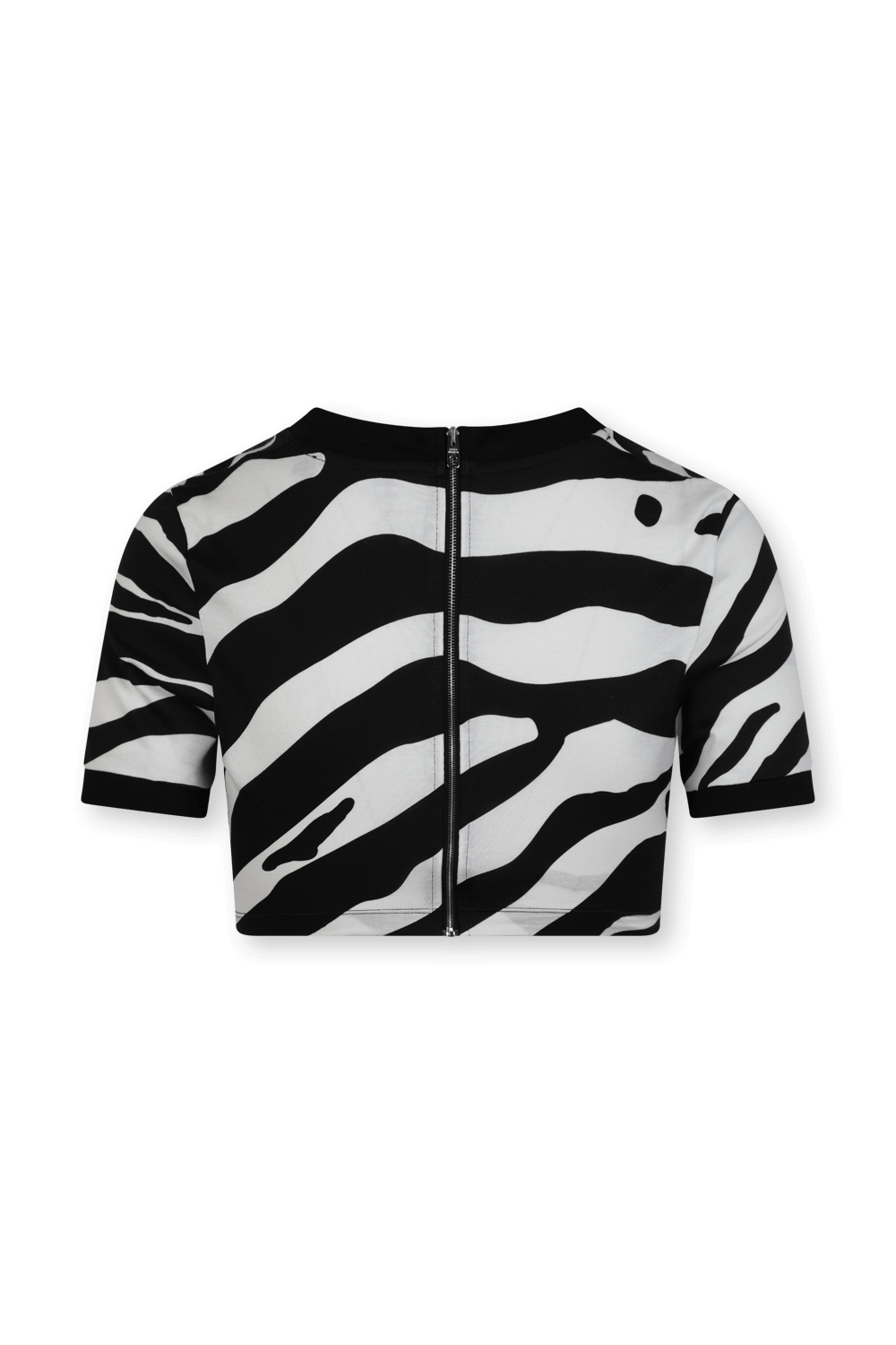 תמונה אחורית של חולצת קרופ בהדפס זברה עם לוגו מטאלי