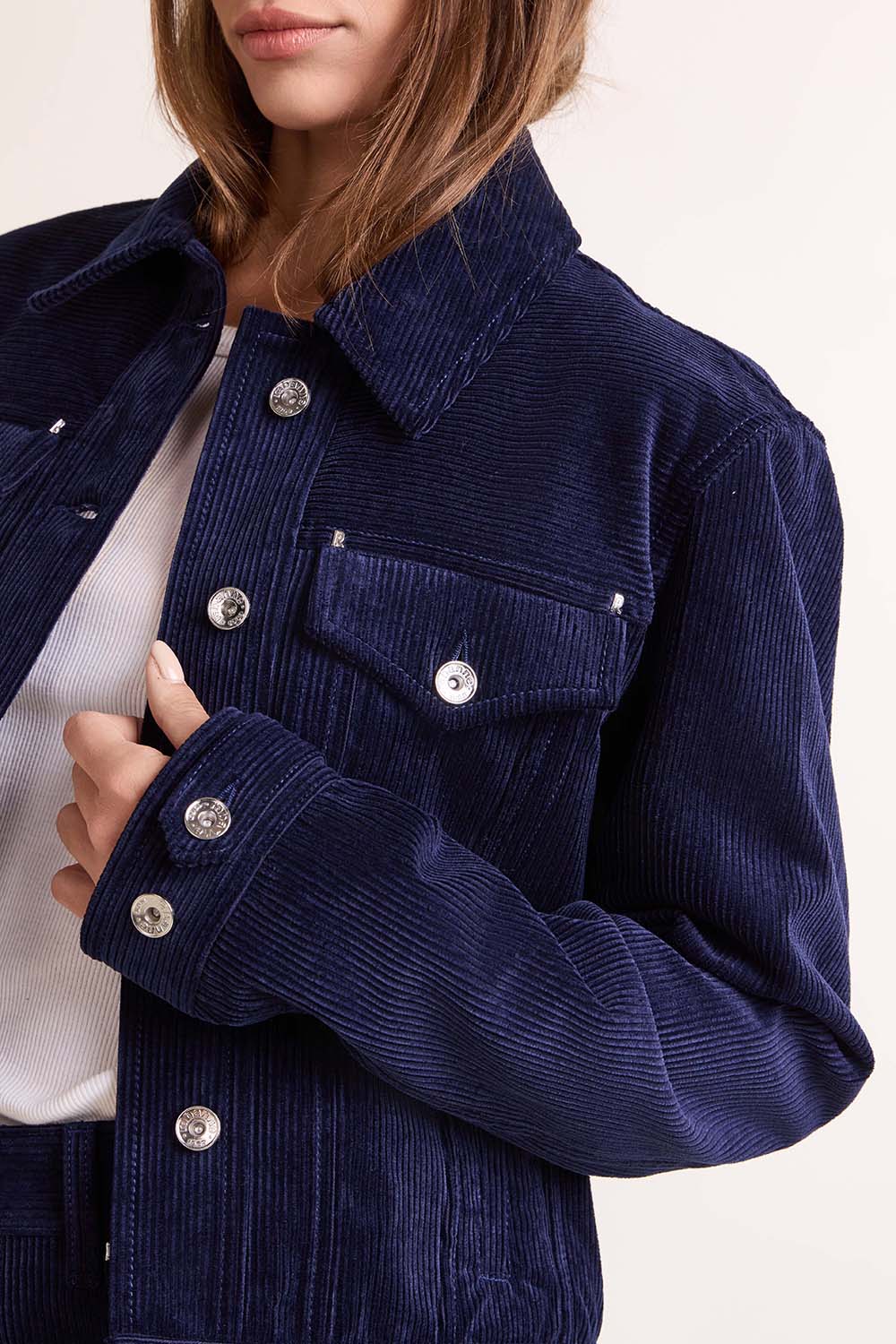 תמונת תקריב דוגמן של ז'קט קטיפה קורדרוי