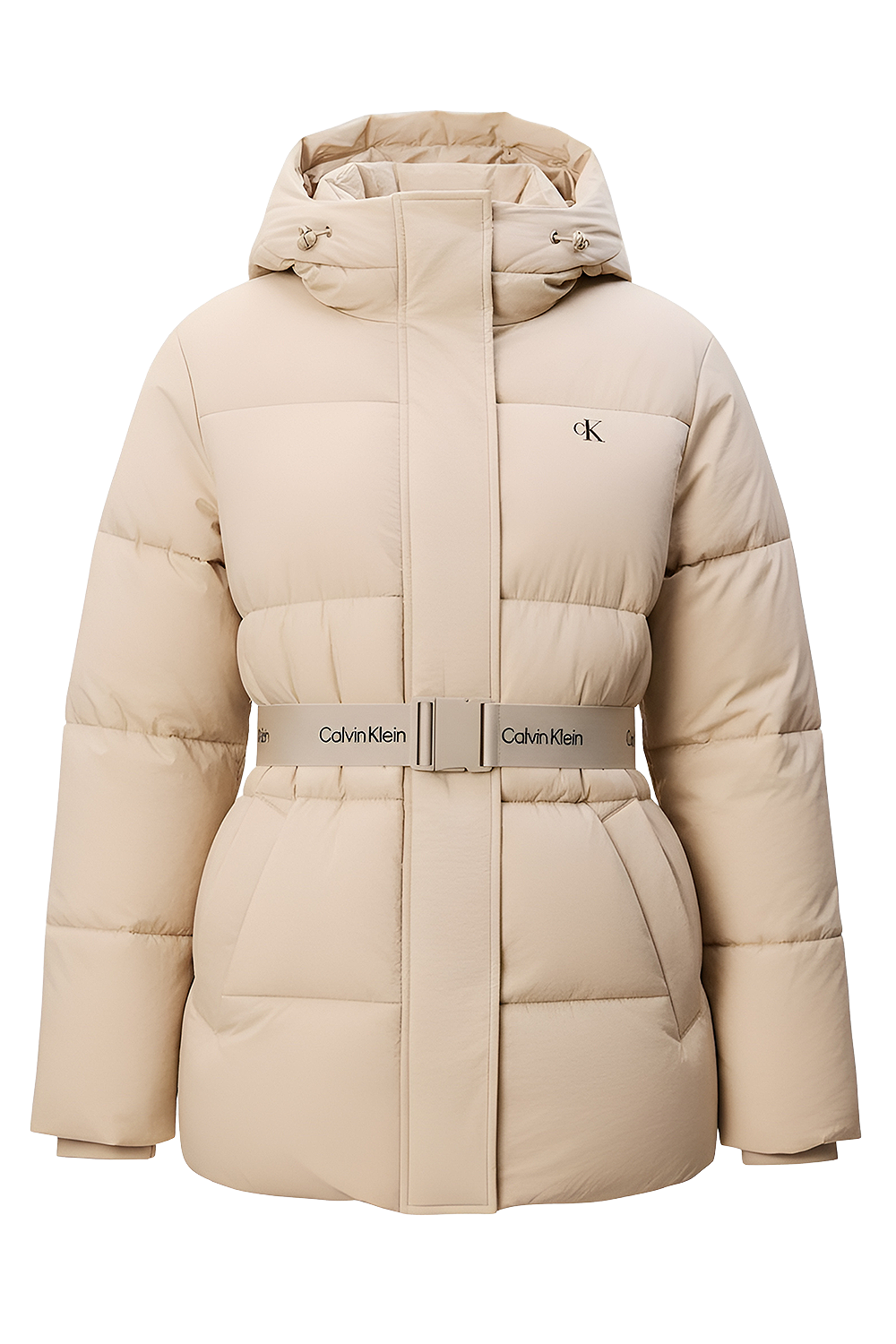 תמונה קידמית של מעיל פוך עם חגורה