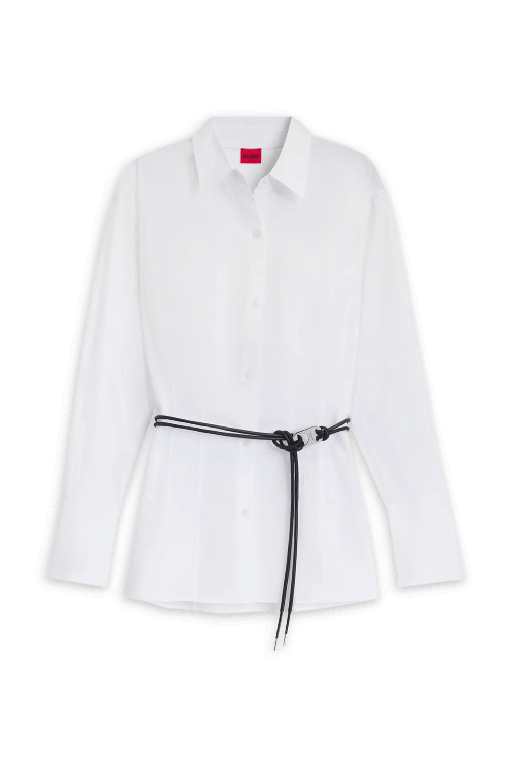 תמונה אחורית של חולצת כפתורים ארוכה עם חגורה