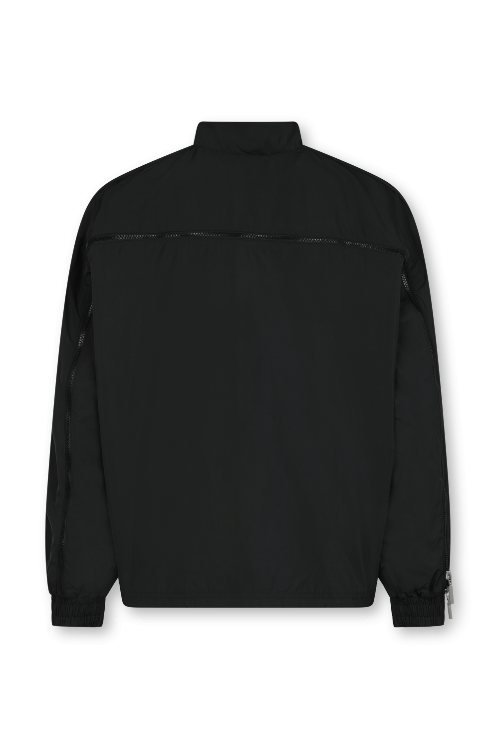 תמונה אחורית של זקט ספורט שחור עם לוגו רקום