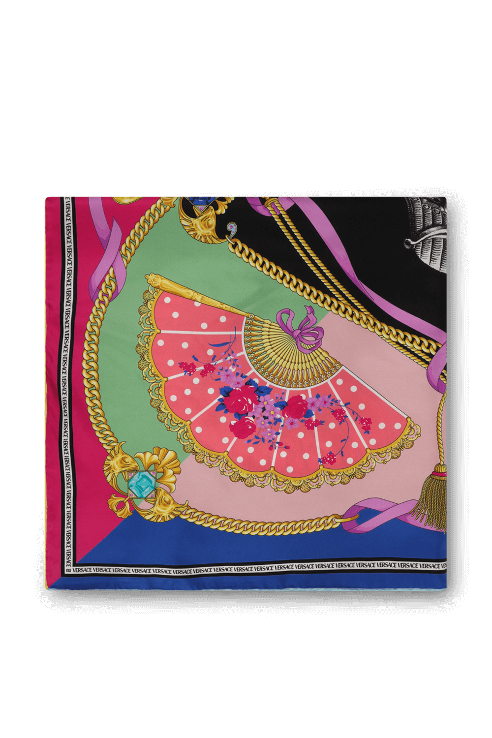 תמונה קידמית של מטפחת משי עם הדפס צבעוני