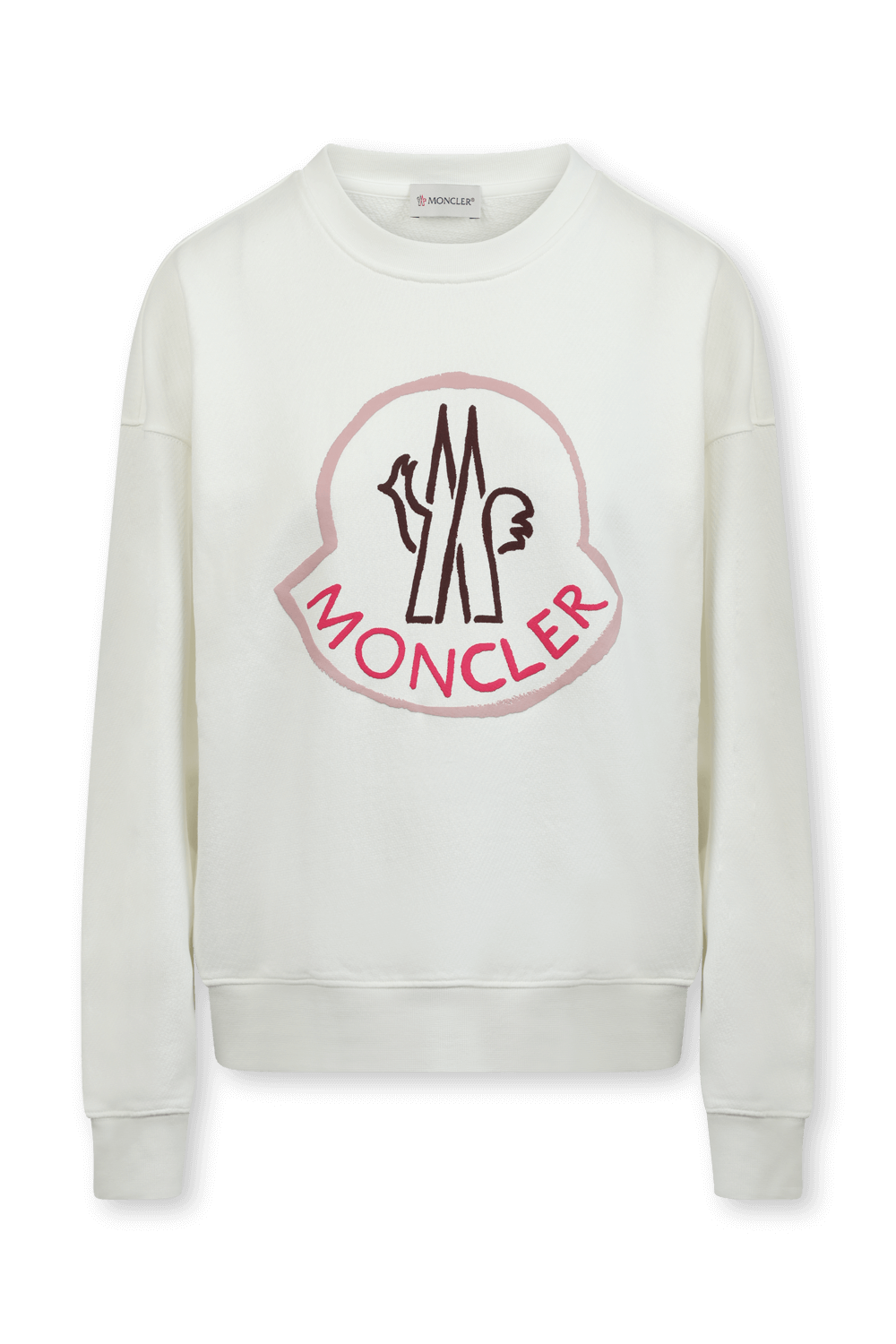 תמונה קידמית של סווטשירט לבן עם הדפס לוגו ורוד