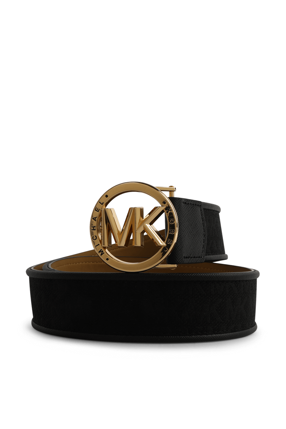 תמונה קידמית של חגורה מכותנה ופשתן עם אבזם זהב עגול