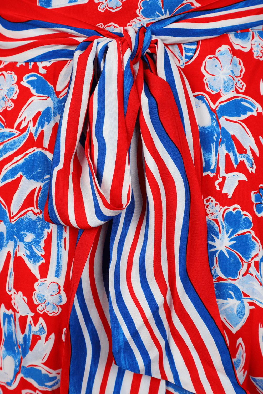 תמונת תקריב של שמלת מעטפה פרחונית בגווני כחול,אדום ולבן