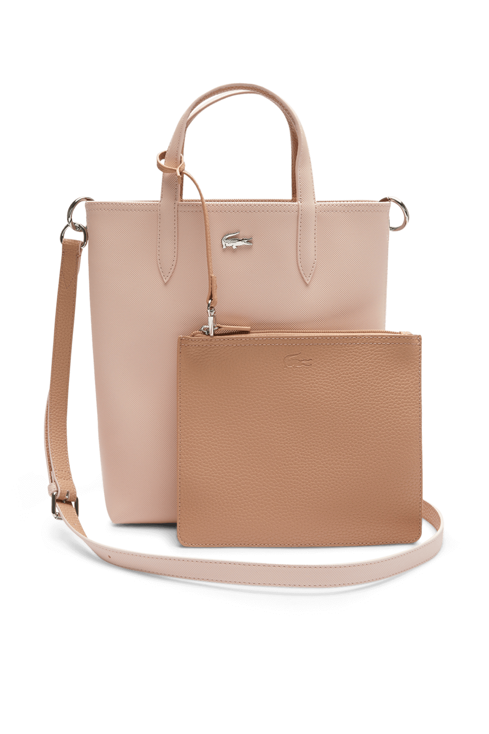 תמונה קידמית של תיק נשיאה ורוד עם פאוץ' תואם