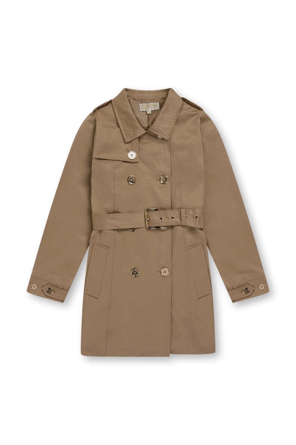 תמונה קידמית של גיל 14 מעיל טרנץ' עם חגורה