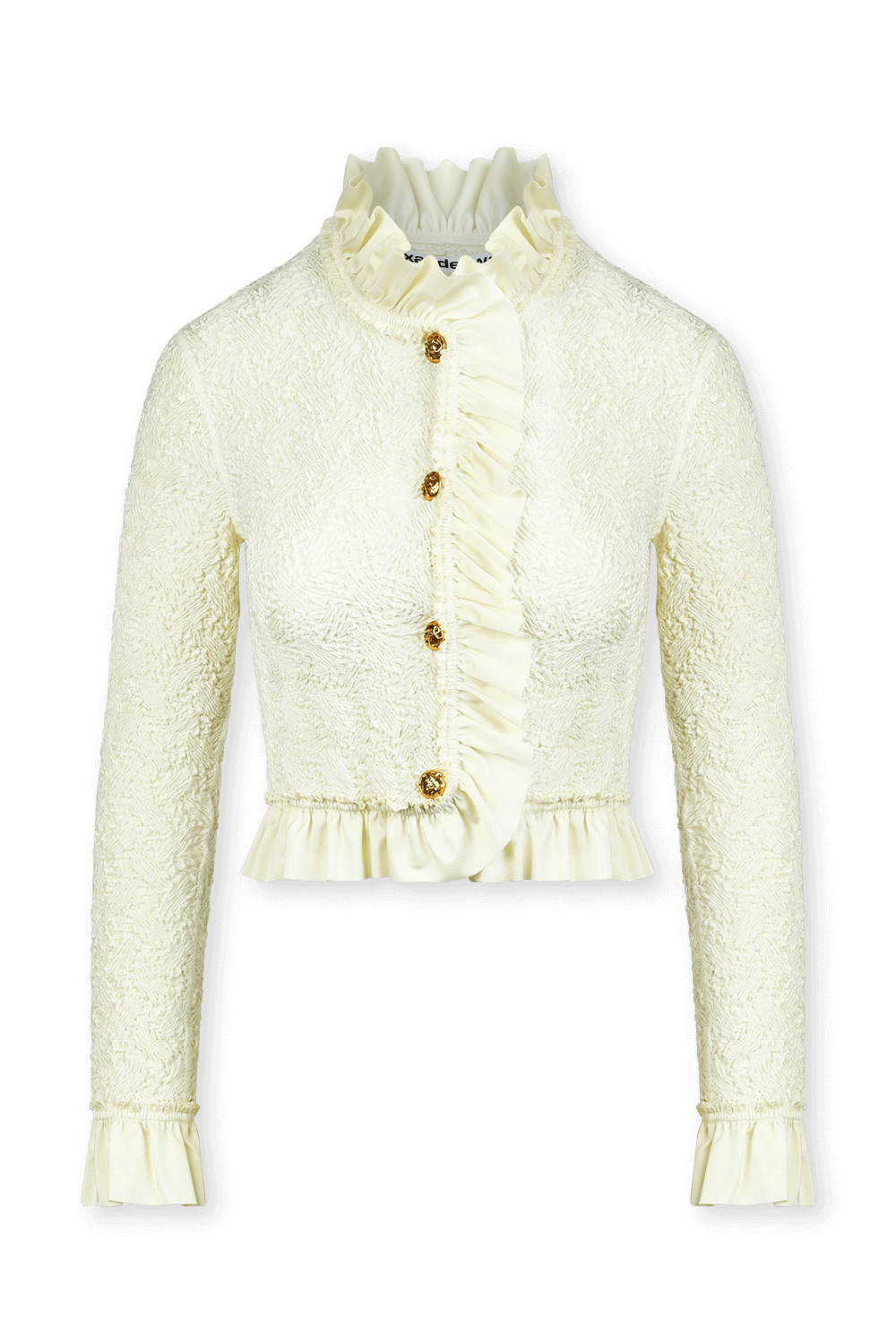 תמונה קידמית של ז'קט אופנה עם סלסולים וכפתורי זהב