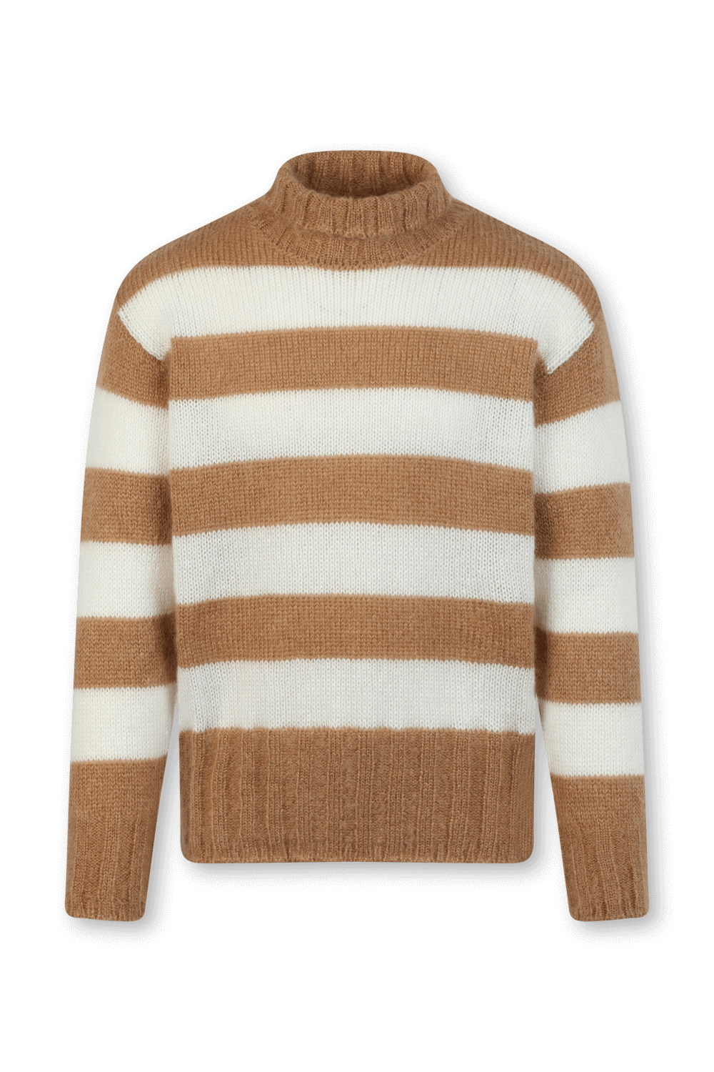 תמונה קידמית של סריג צמר עם צווארון גבוה בגווני חום ולבן