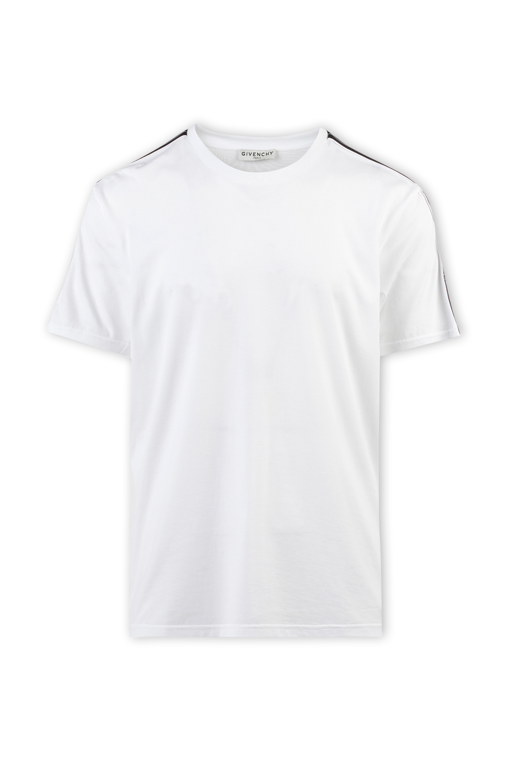 תמונה קידמית של חולצת טי לבנה עם טייפים שחורים