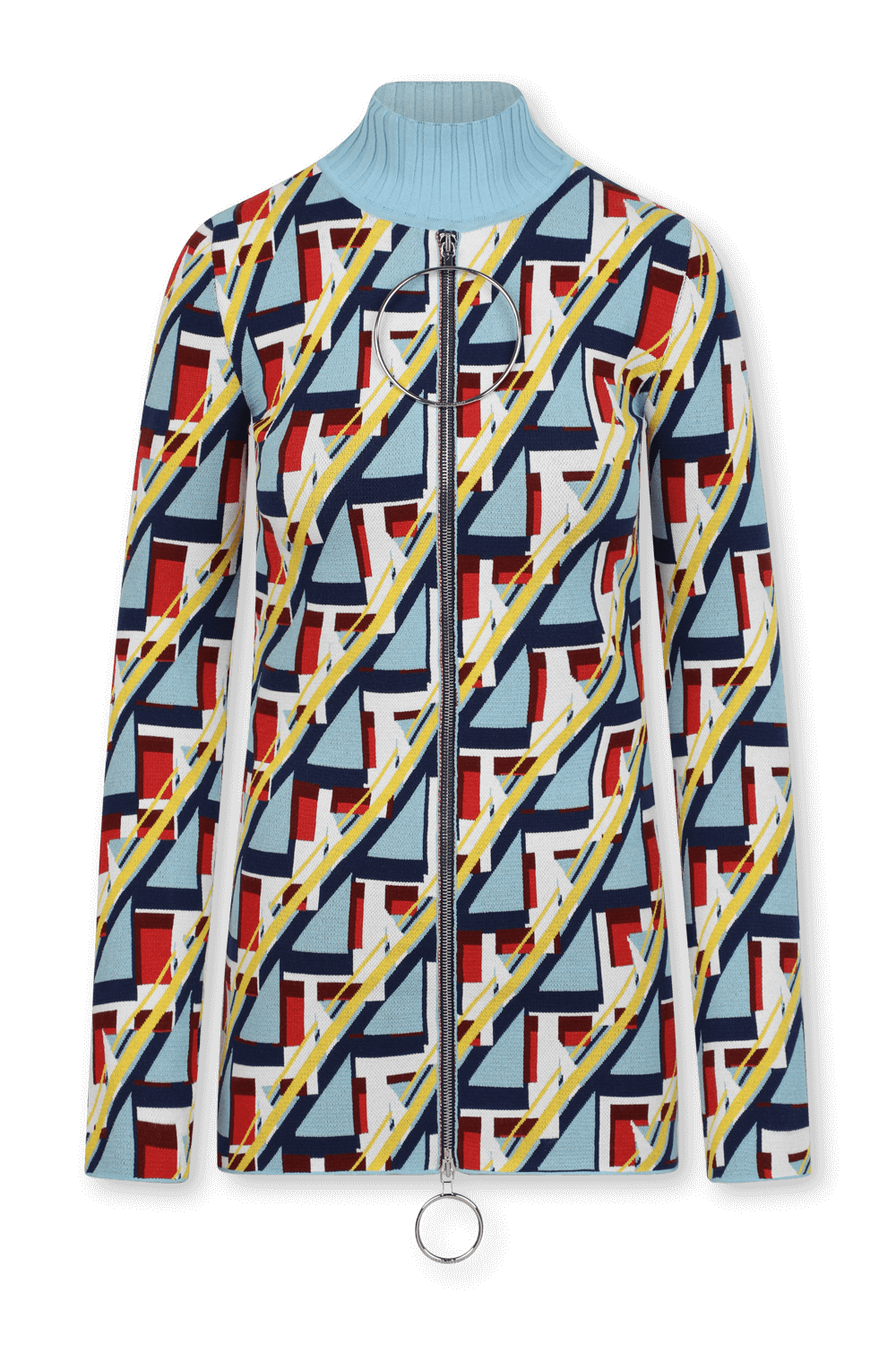 תמונה קידמית של סריג ויסקוזה עם דוגמה גיאומטרית בגווני כחול צהוב ואדום