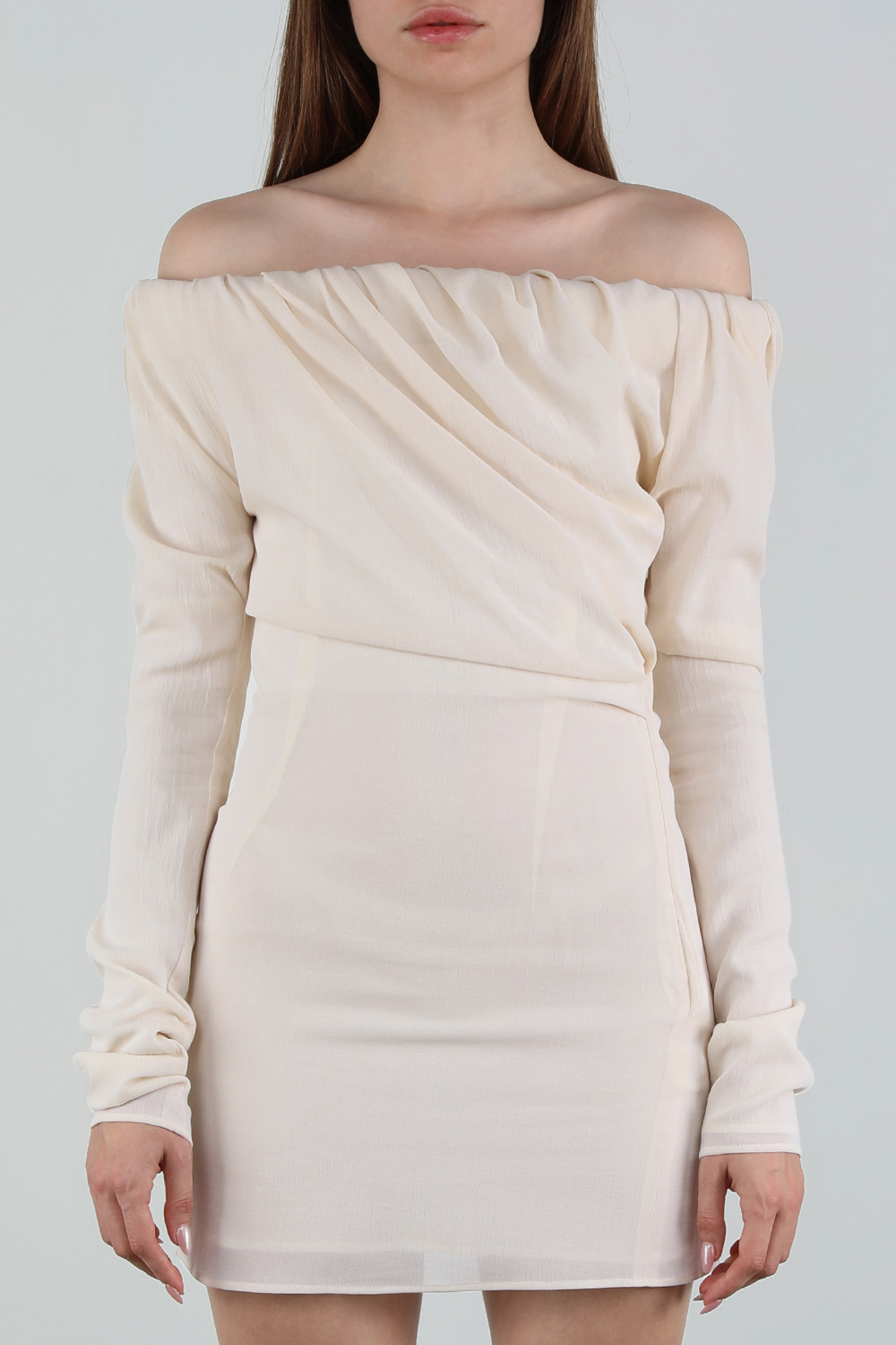 תמונת דוגמן קידמית של שמלת מיני אוף-שולדר מכותנה