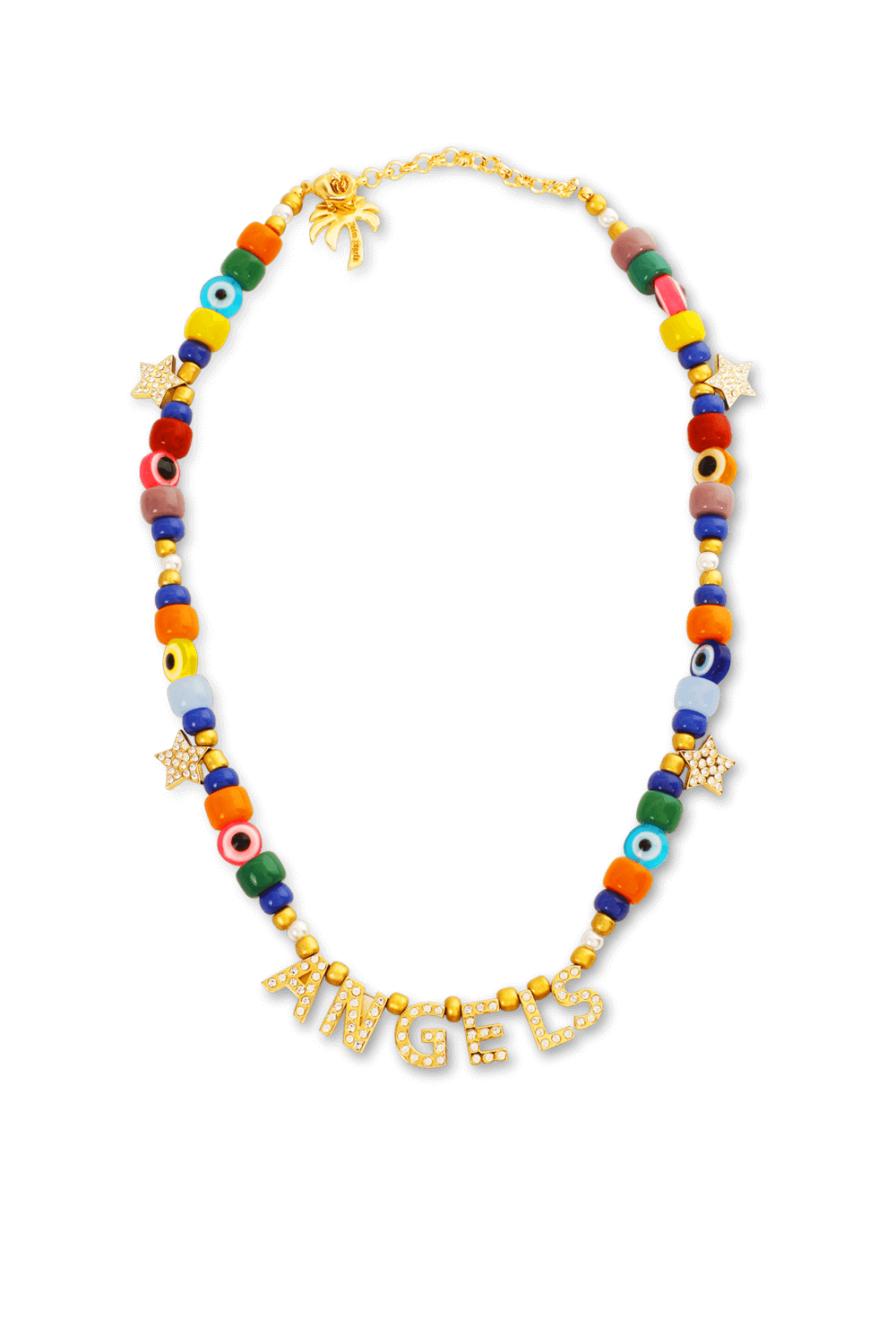 תמונה קידמית של שרשרת חרוזים עם לוגו צ'ארם בציפוי זהב