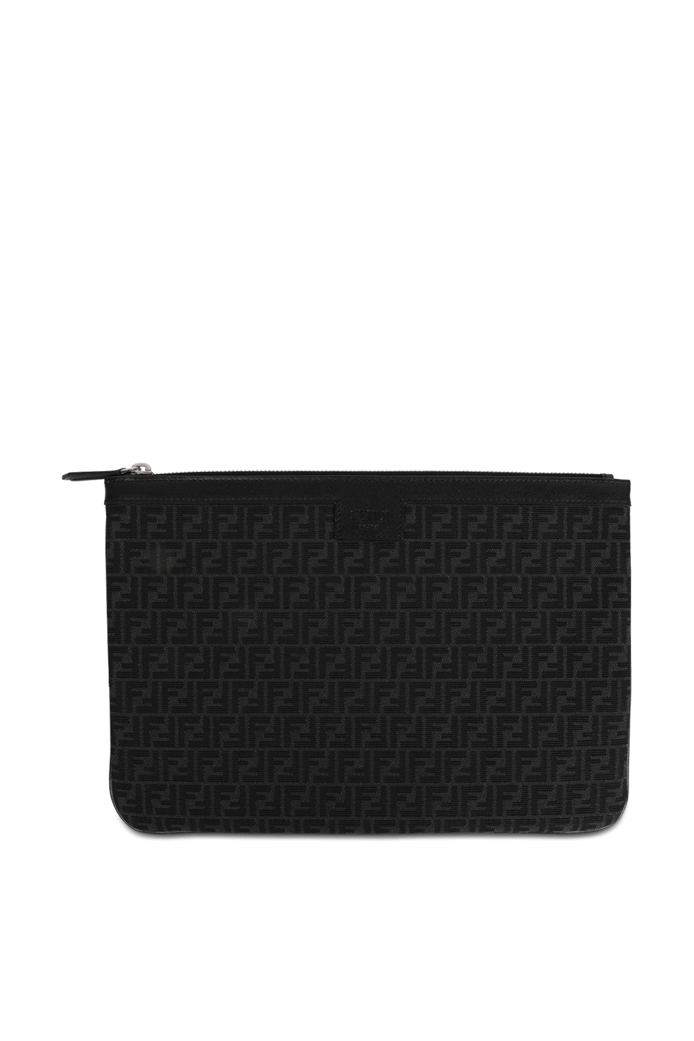 תמונה קידמית של נרתיק מעור עם הדפס מונוגרמי בגוון שחור