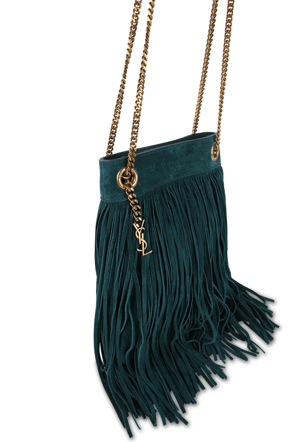 תמונת תקריב של תיק פרנזים ירוק מזמש עם רצועת שרשרת