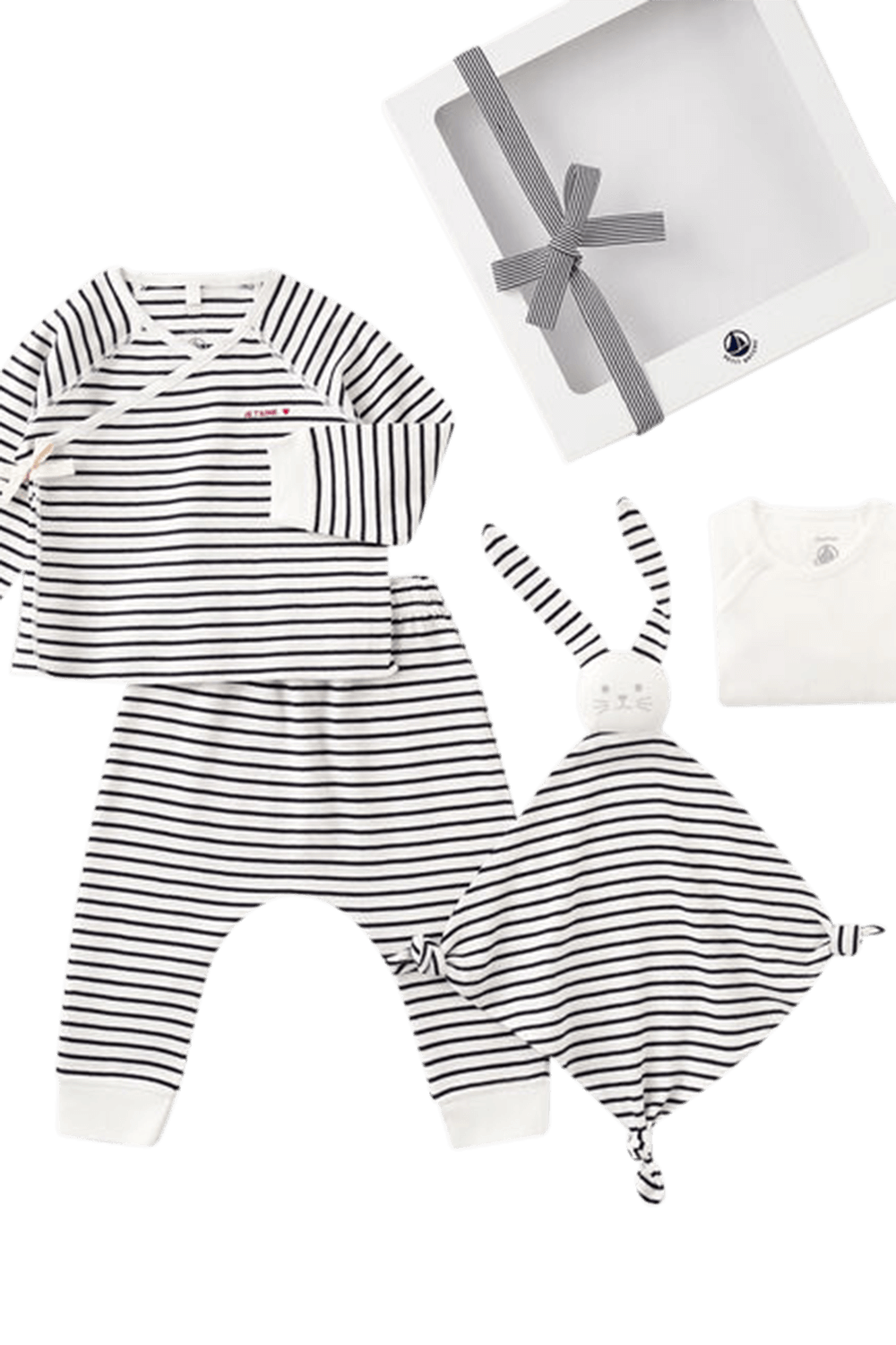 תמונה אחורית של מארז ניו בורן הכולל מכנסיים, חולצה, בגד גוף ובובת ארנב - גילאי 1-12 חודשים