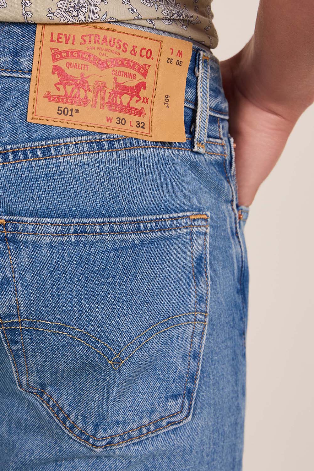 תמונת תקריב דוגמן של מכנסי ג'ינס 501 בגזרה ישרה