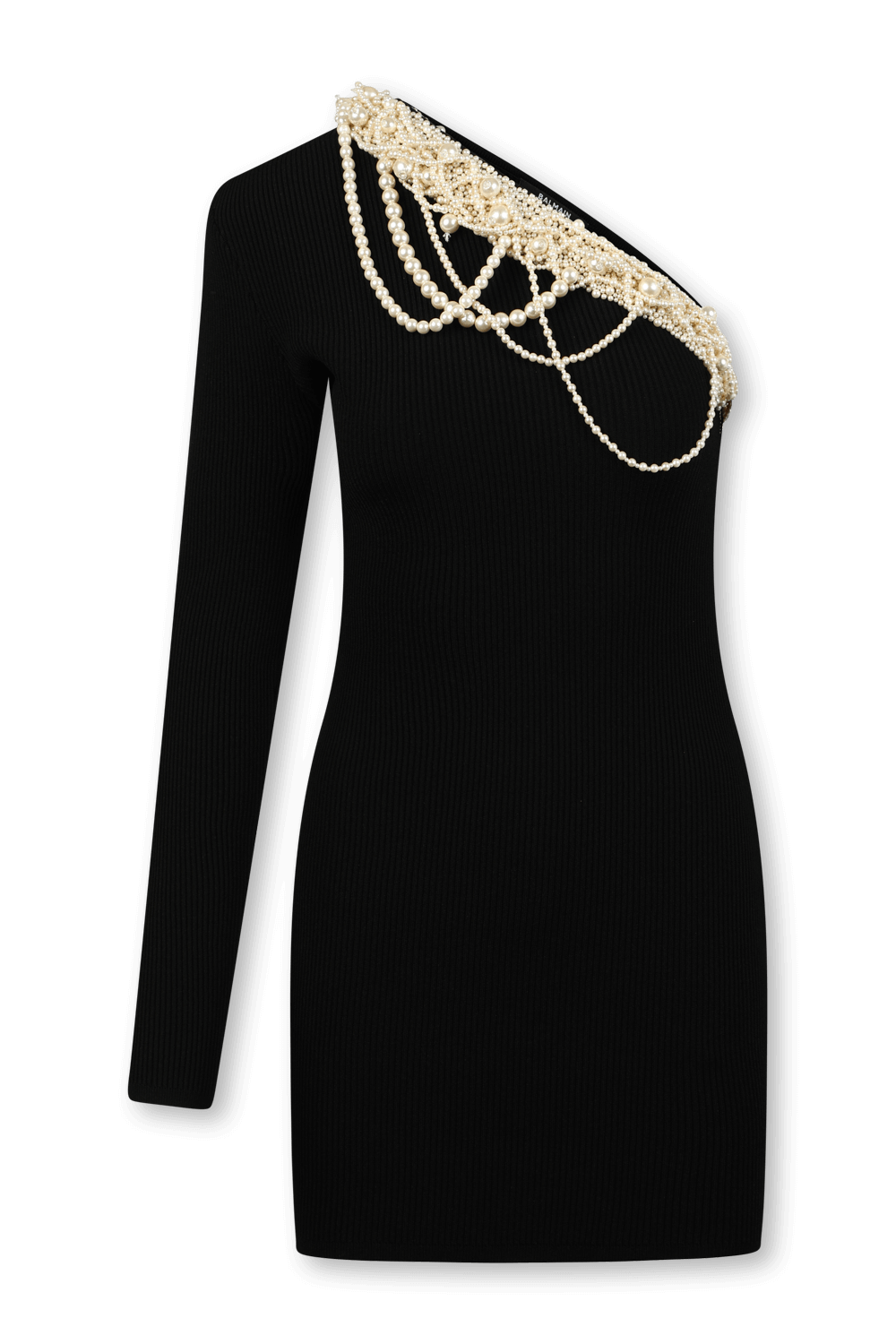 תמונה קידמית של שמלת מיני ריב א-סימטרית עם פנינים