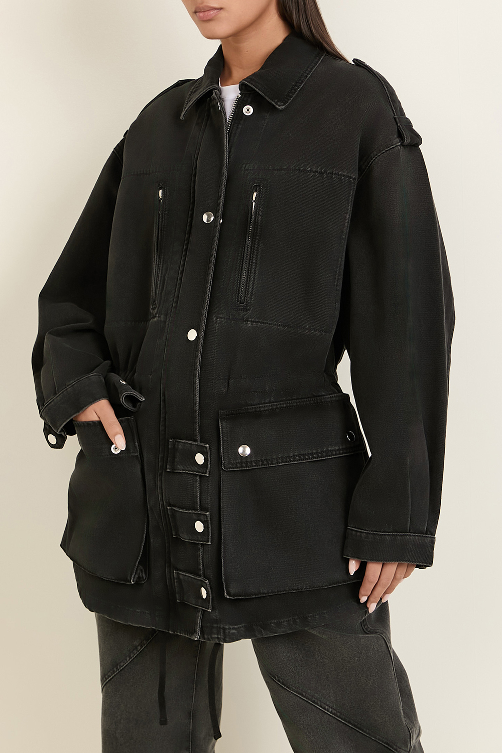 תמונת דוגמן קידמית של ז'קט ג'ינס ארוך