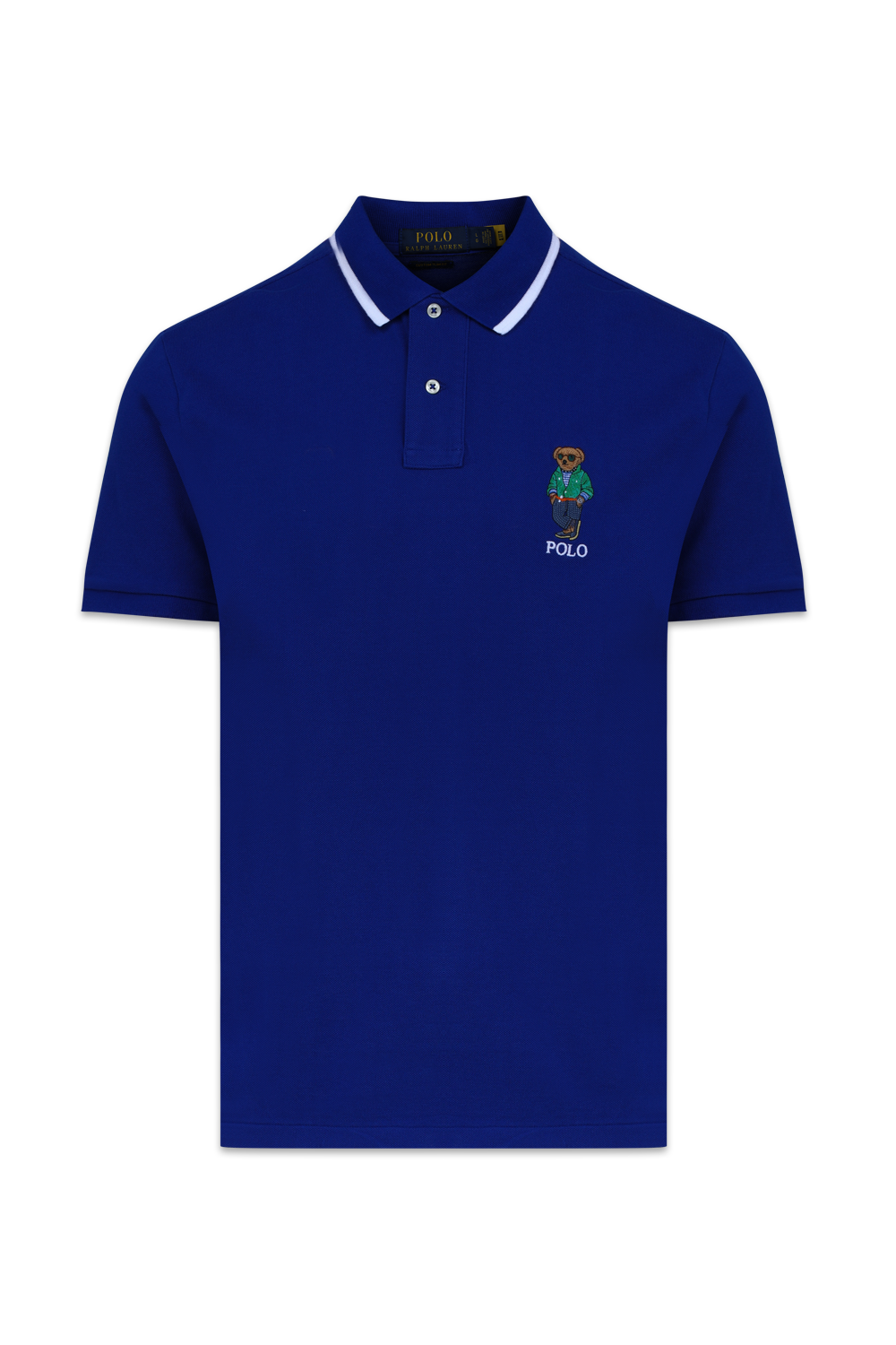 תמונה קידמית של חולצת פולו כחולה עם דובי רקום