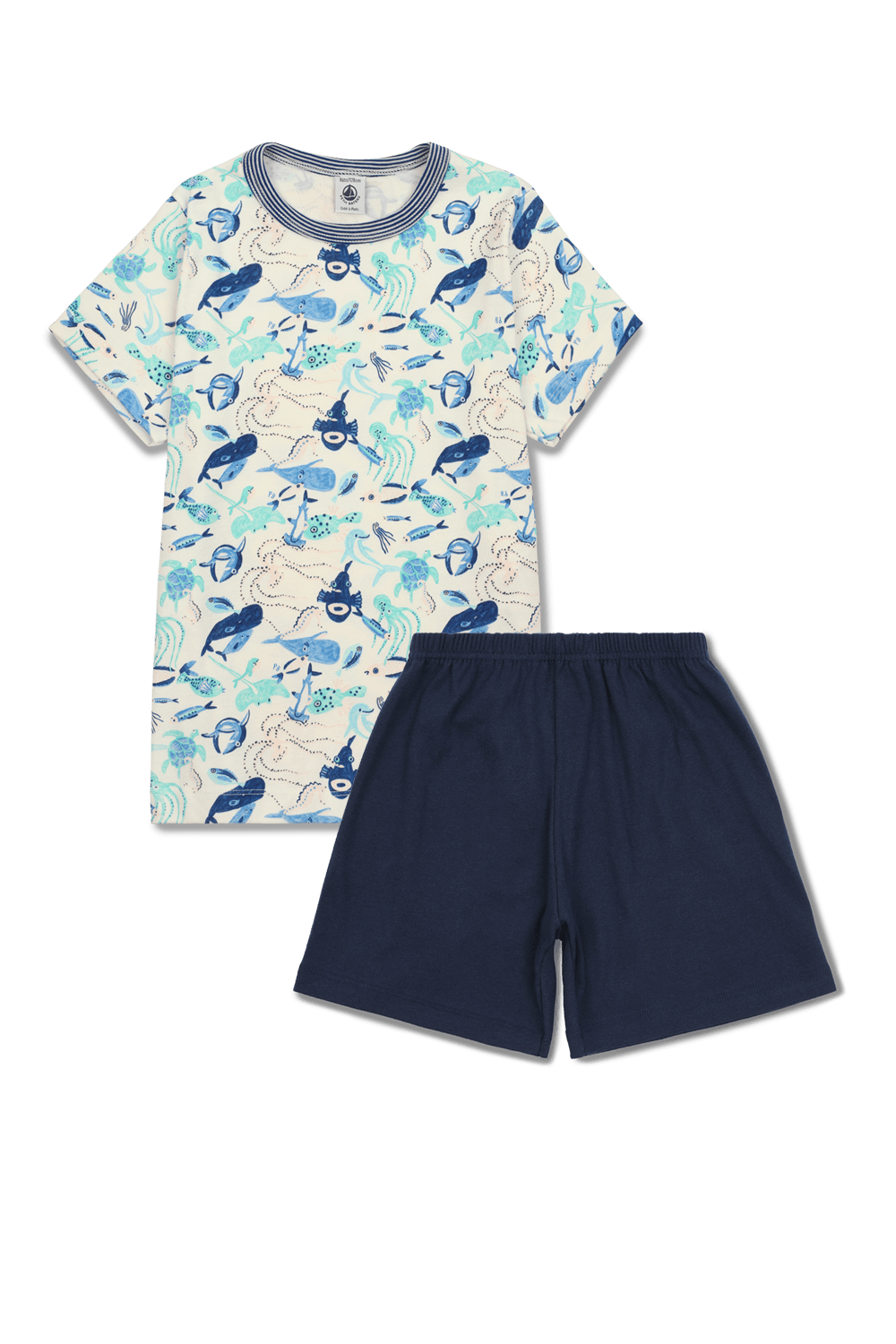 תמונה קידמית של גילאי 2-5 סט פיג'מה קצר בכחול עם הדפס של חיות הים