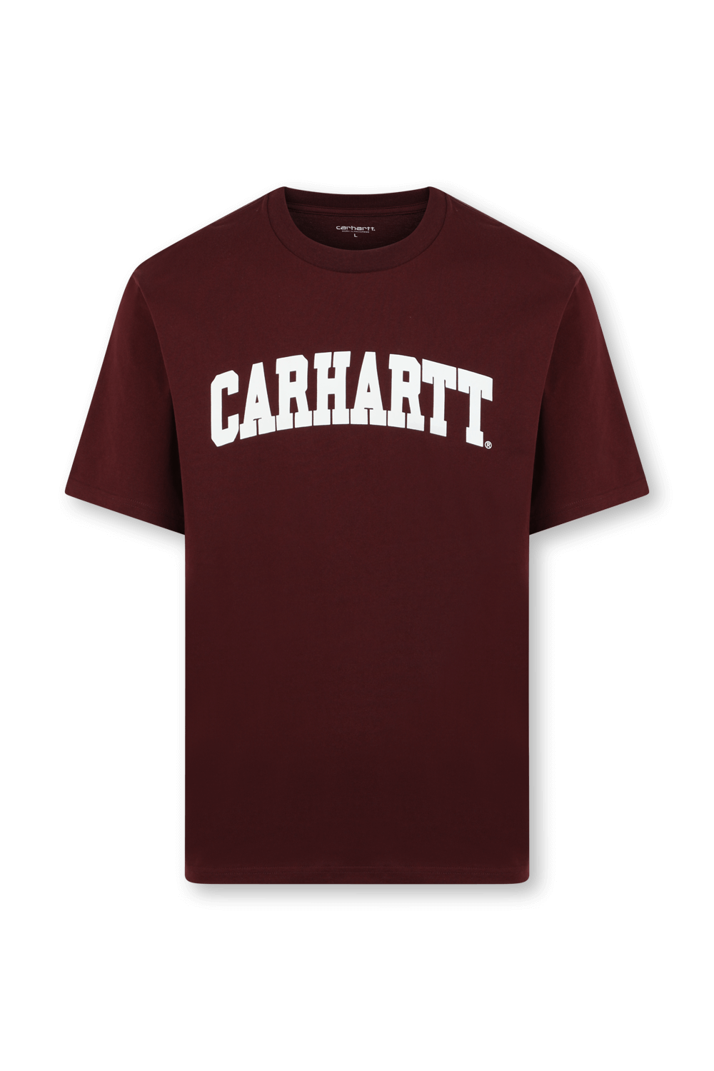 תמונה קידמית של חולצת טי עם לוגו בצבע בורדו