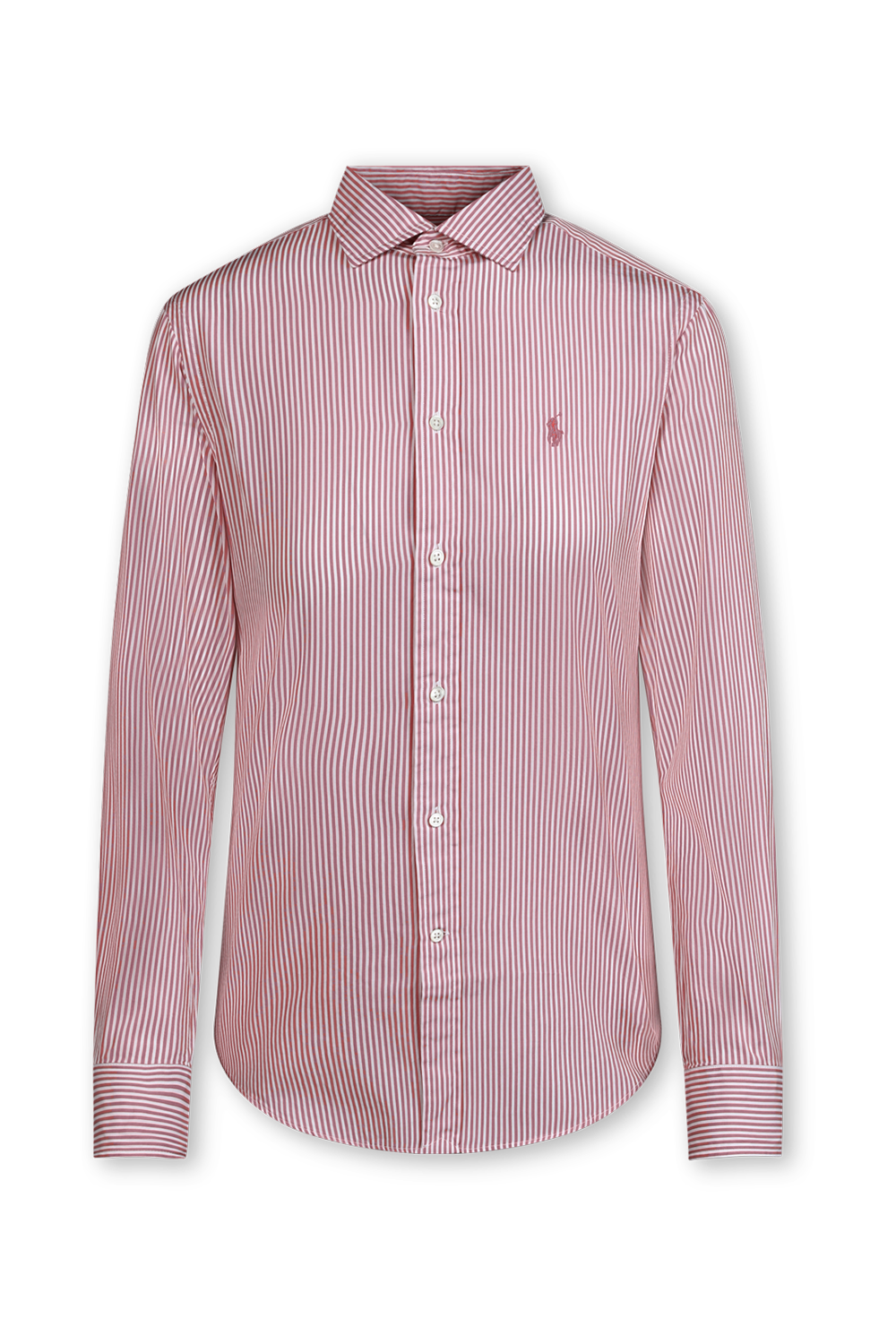 תמונה קידמית של חולצת פסים מכופתרת עם לוגו רקום