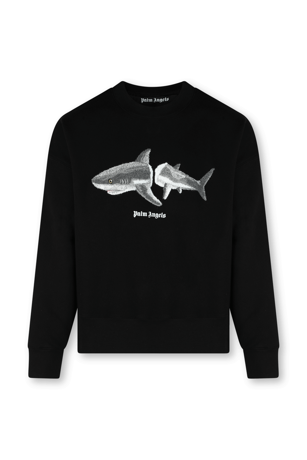 תמונה קידמית של סווטשירט כריש שחור עם צווארון עגול