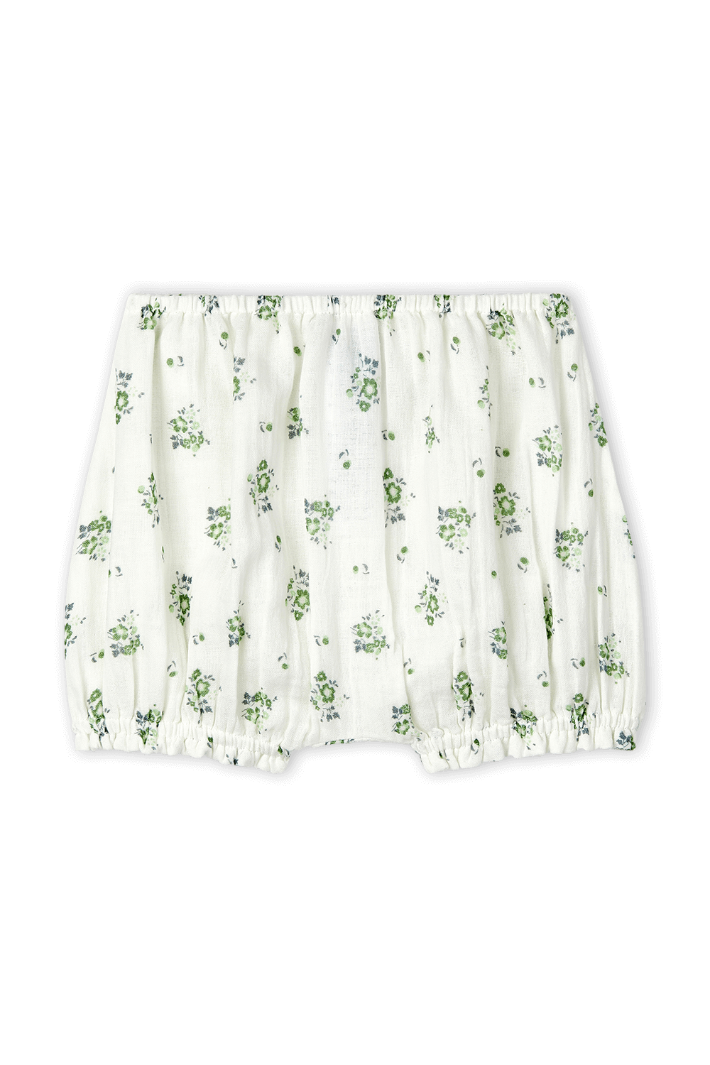 תמונה קידמית של גילאי 3-12 חודשים מכנסיים קצרים לבנים עם עיטורי פרחים ירוקים