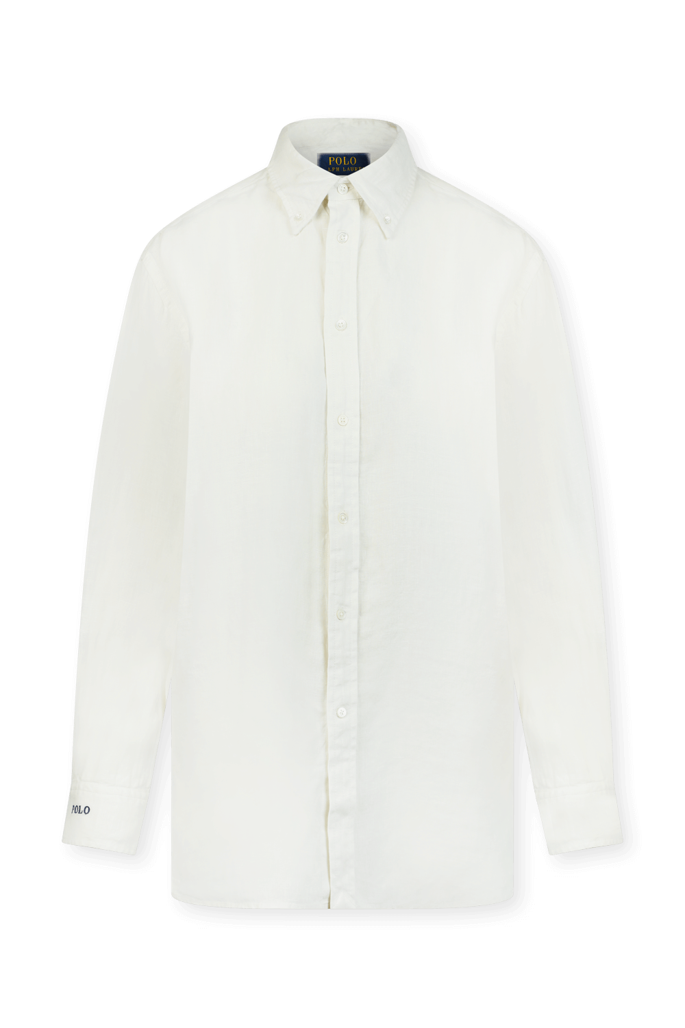 תמונה קידמית של חולצת פשתן ארוכה לבנה עם לוגו רקום