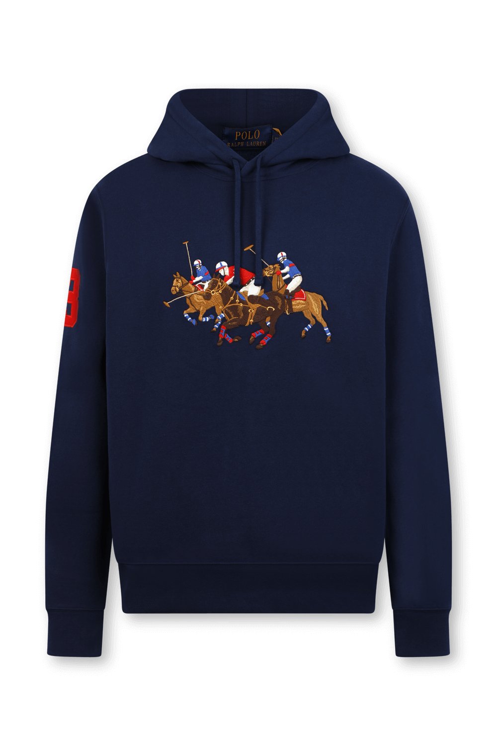 תמונה קידמית של סווטשרט קפוצ'ון עם שחקן פולו רקום בגוון כחול נייבי