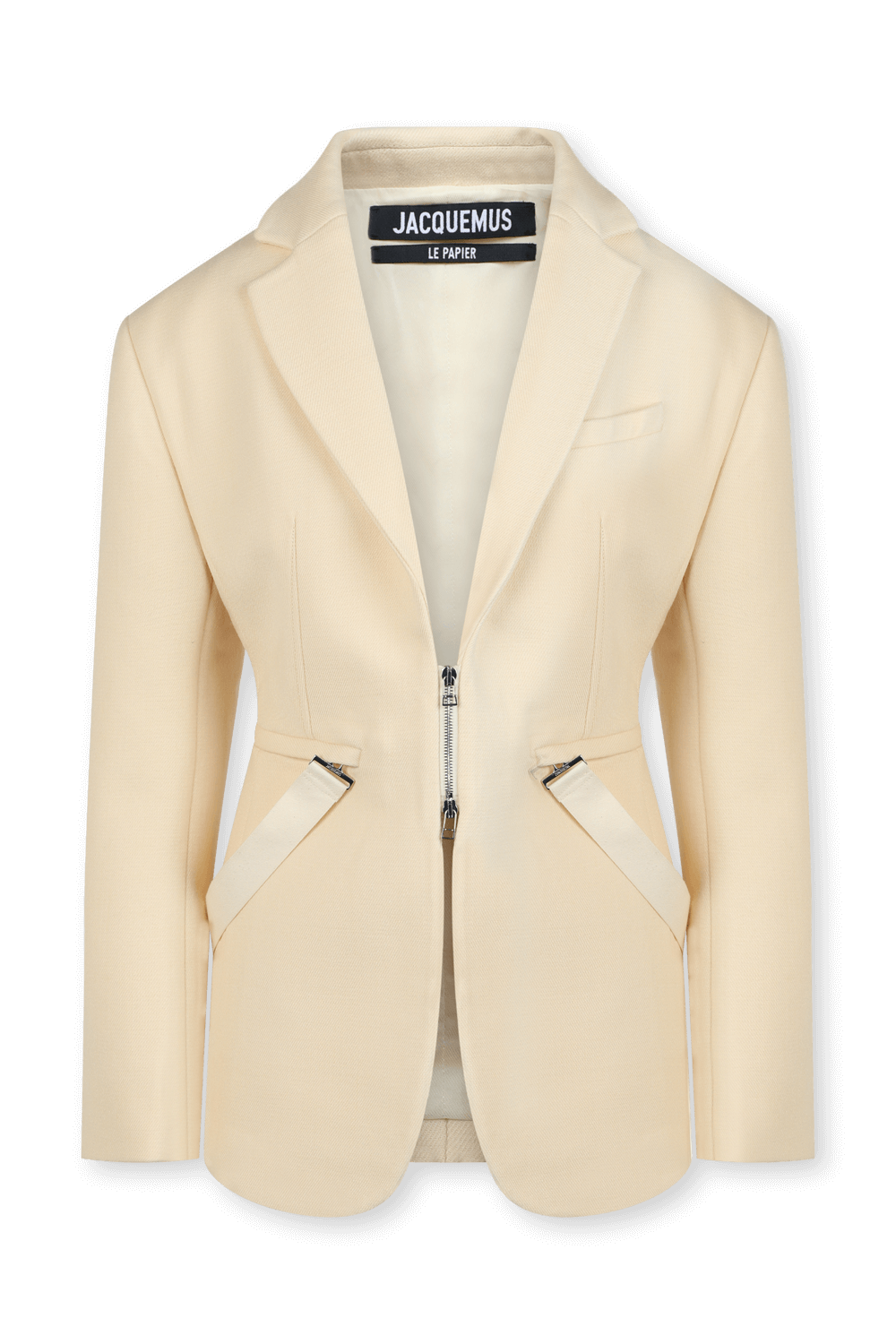 תמונה קידמית של בלייזר צמר עם רצועות