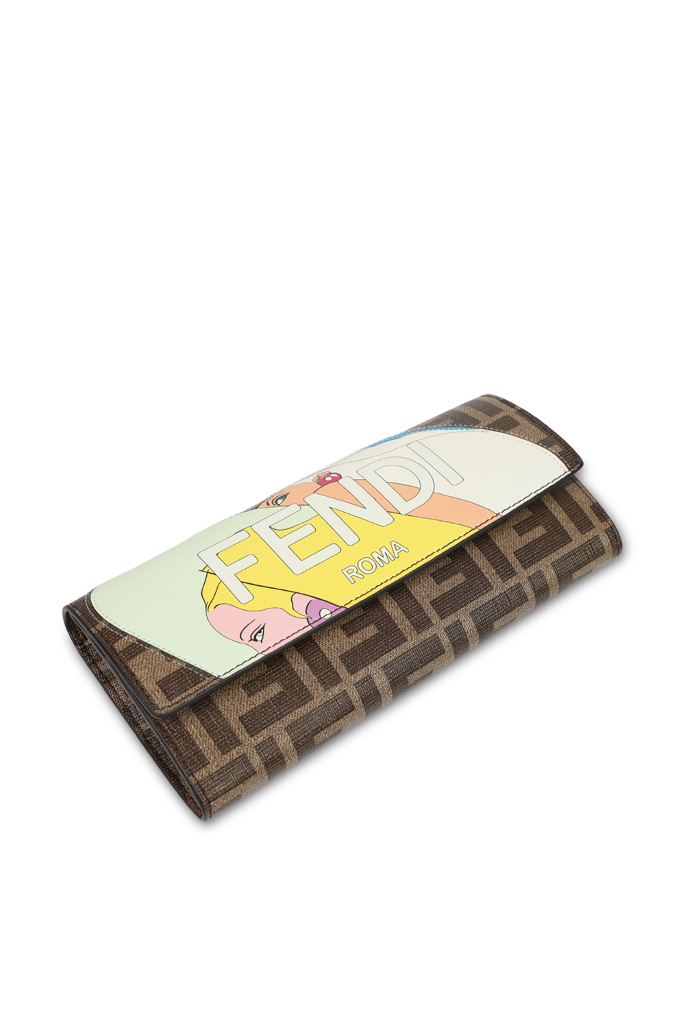 תמונת תקריב של ארנק עור חום עם פרינט ציור צבעוני